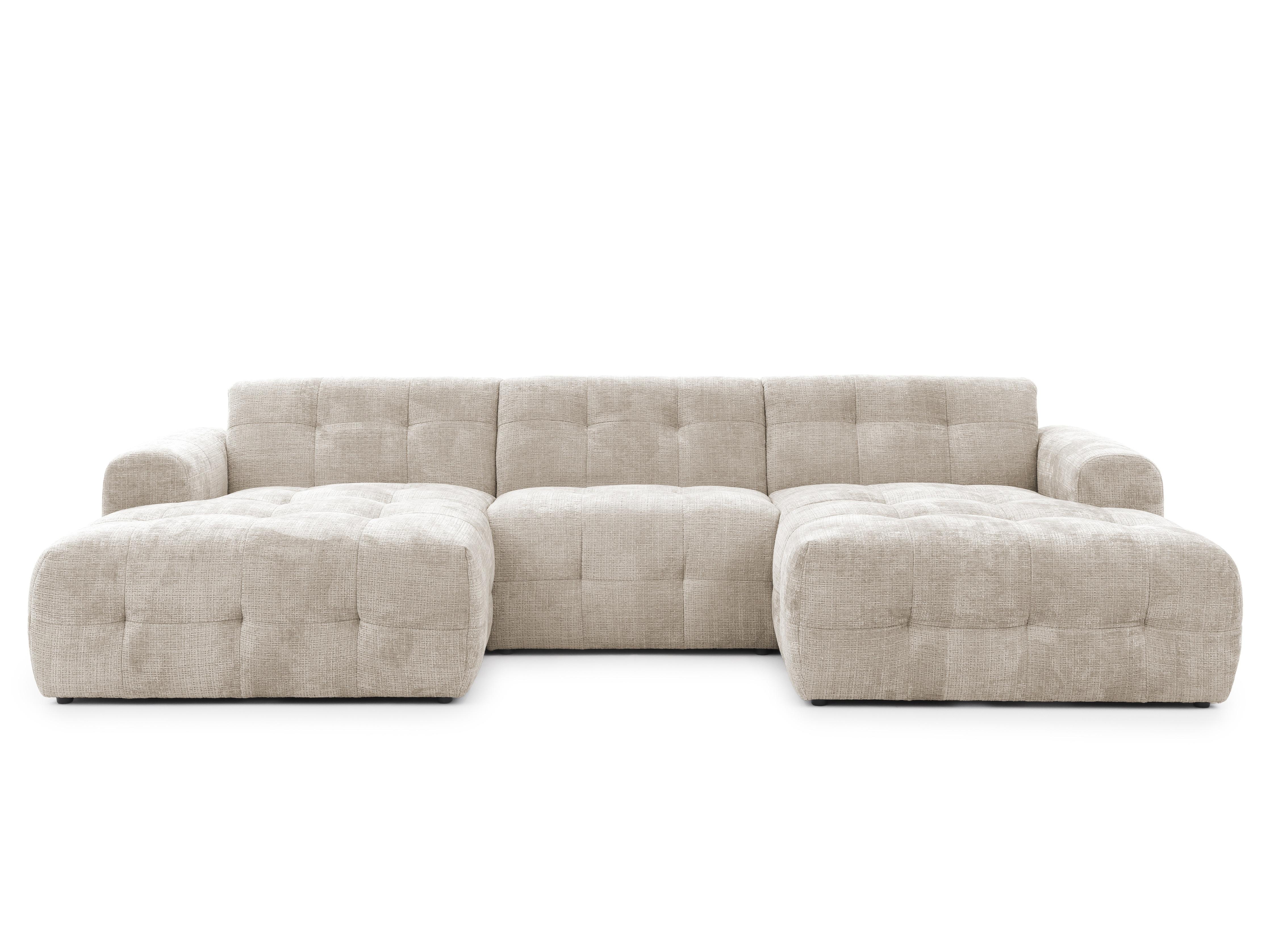 WOHNLANDSCHAFT in U-Form mit raffinierten Steppungen, 6-Sitzer, Wellenunterfederung, B323/T161/H79 cm, Chenille-Bezug in Sandgrau / 21048 - Sandfarben/Greige, Kunststoff/Textil (323/79/161cm) - luma-home