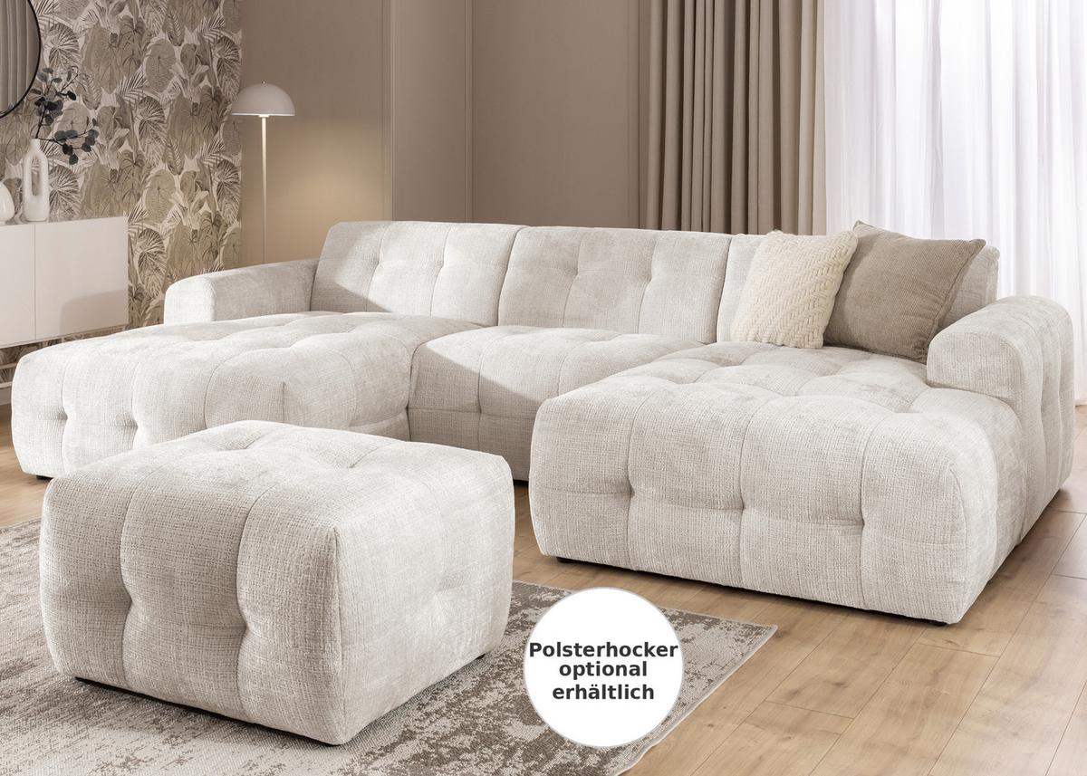 WOHNLANDSCHAFT in U-Form mit raffinierten Steppungen, 6-Sitzer, Wellenunterfederung, B323/T161/H79 cm, Chenille-Bezug in Beige / 21047 - Beige/Schwarz, Kunststoff/Textil (323/79/161cm) - luma-home