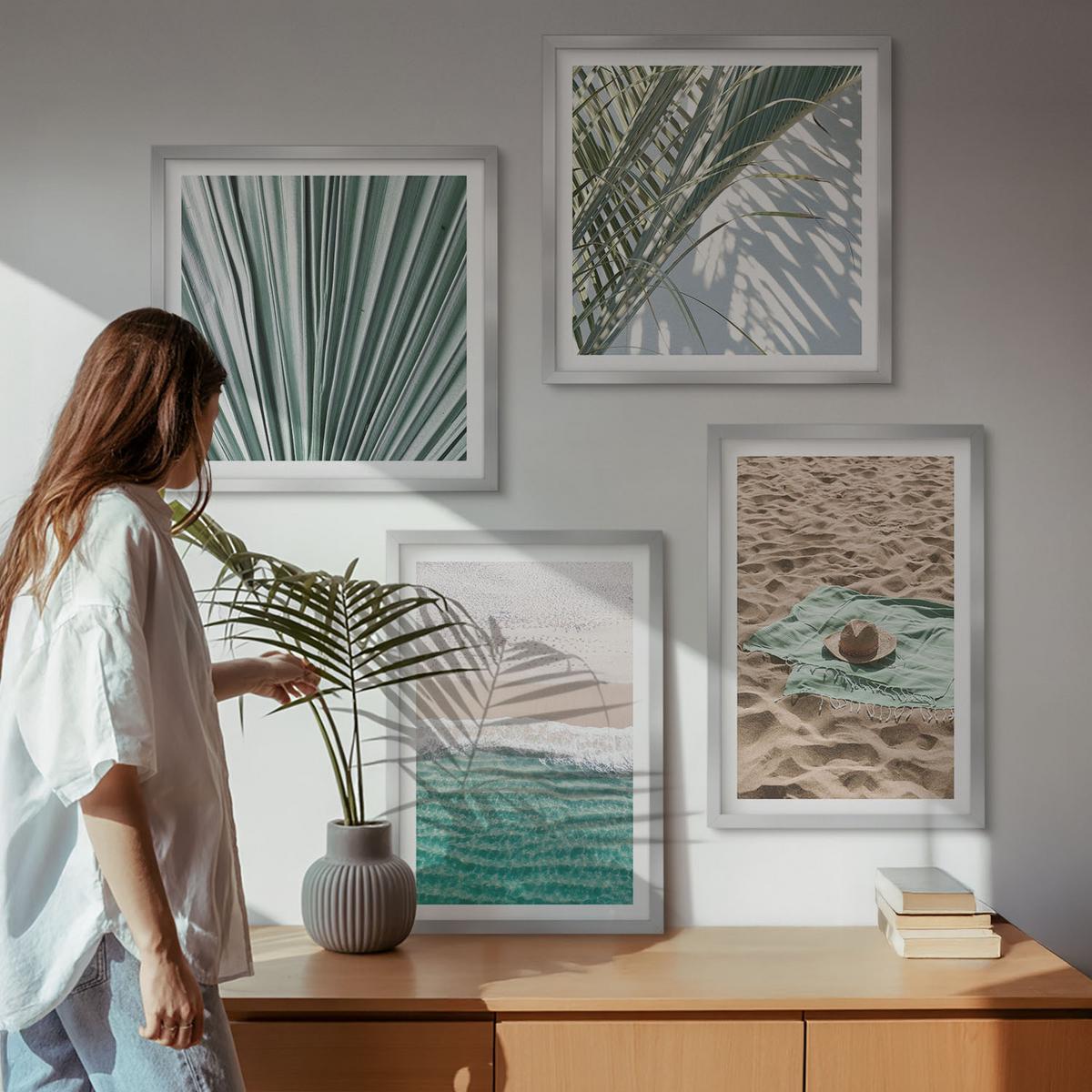 BILDER SET 4er Set - 50x50 cm & 40x60 cm Silberner Rahmen - Urlaubsblick Strand Meer - Silberfarben, Kunststoff (50/50cm) - TULUP
