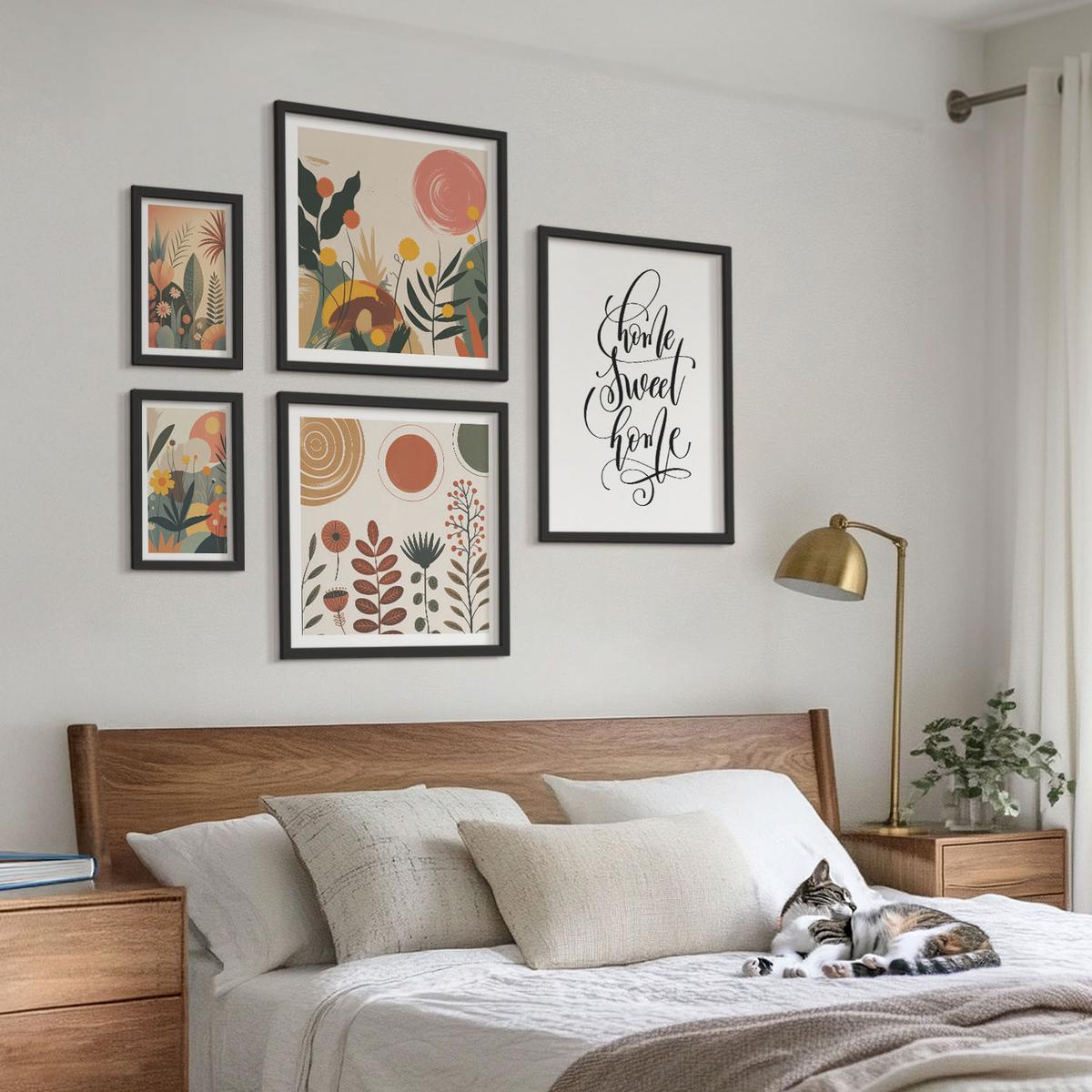 BILDER SET 5er Set - 50x50 cm & 20x30 cm & 40x60 cm Schwarzer Rahmen - Pastellfarbene Pflanzenmuster - Schwarz, Kunststoff (40/60cm) - TULUP