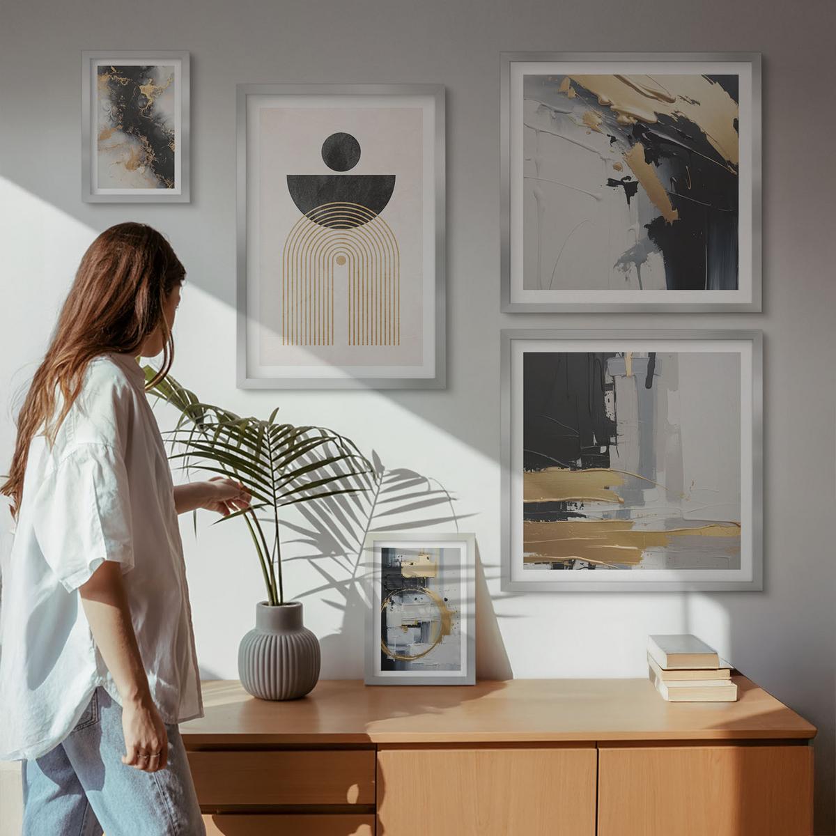 BILDER SET 5er Set - 50x50 cm & 20x30 cm & 40x60 cm Silberner Rahmen - Abstrakte Geometrie-Komposition - Silberfarben, Kunststoff (40/60cm) - TULUP