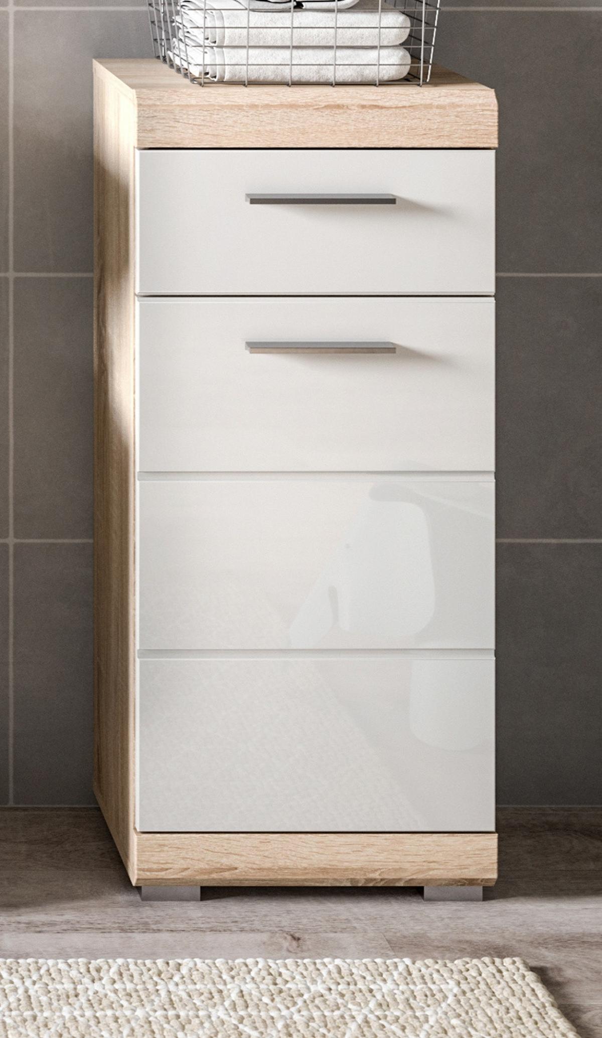 KOMMODE weiß Hochglanz, Eiche 37 x 88 cm Badschrank mit Vollauszug - Weiß Hochglanz/Eichefarben, Holzwerkstoff/Kunststoff (37/88/31cm) - Inn.Furn