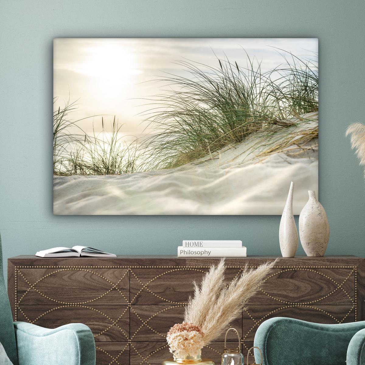 LEINWANDBILD Dünen mit Strandhafer in der Sonne des Nationalparks Schleswig-Holsteinisches Wattenmeer Wohnzimmer Groß 120x80 cm - Creme, Textil (120/80cm) - MuchoWow