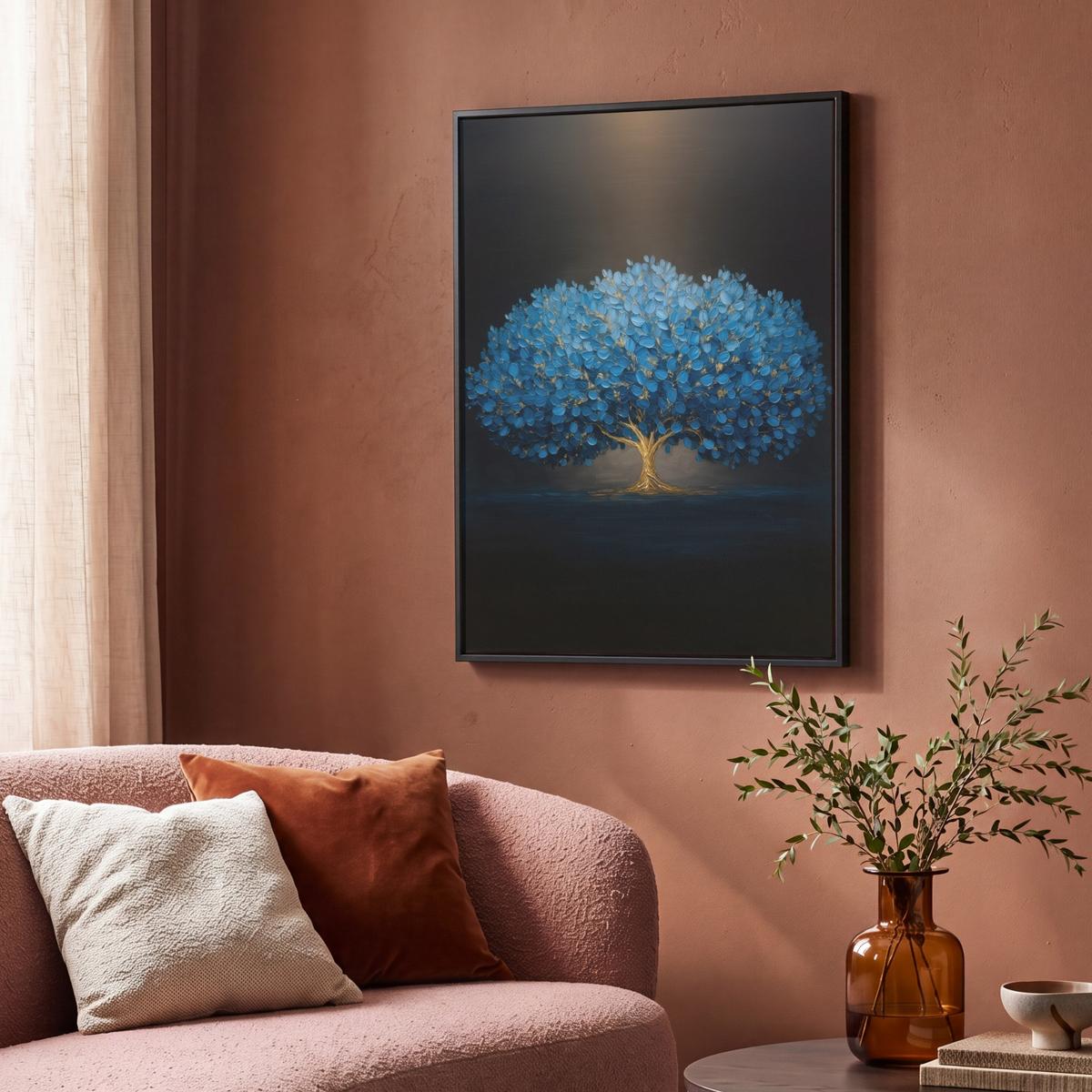 LEINWAND Bilder mit Rahmen - Baum - Blau - Blätter - Pinselstriche - 70x100 - Blau, Textil (70/100cm) - MuchoWow