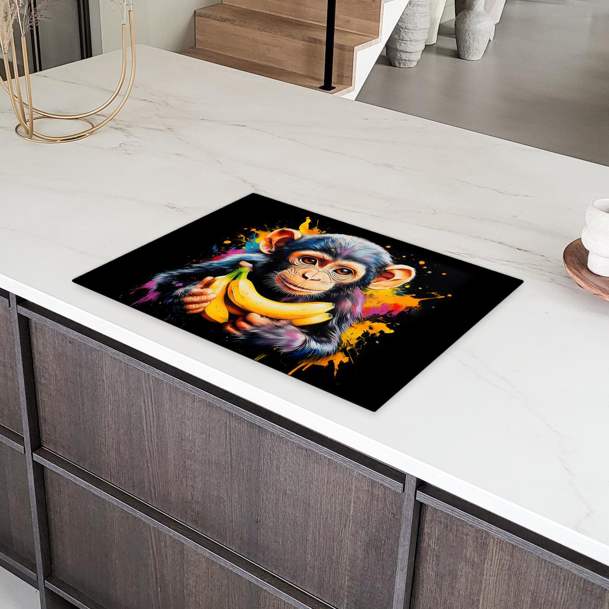 HERDABDECKPLATTE Affe - Graffiti - Farbenfroh - Bananen - Modern Herdabdeckung Induktionsfeld 75x52 cm - Gelb, Kunststoff (75/52/0.2cm) - MuchoWow