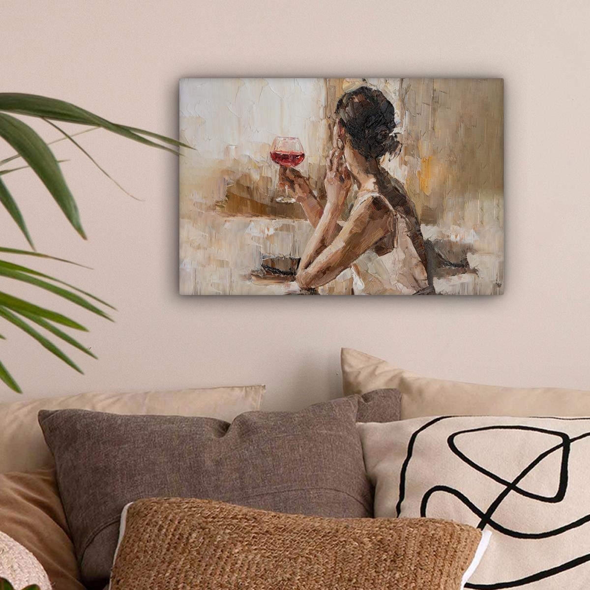 LEINWANDBILD Ölgemälde - Frau - Wein Deko Schlafzimmer 30x20 cm - Hellbraun, Textil (30/20cm) - MuchoWow