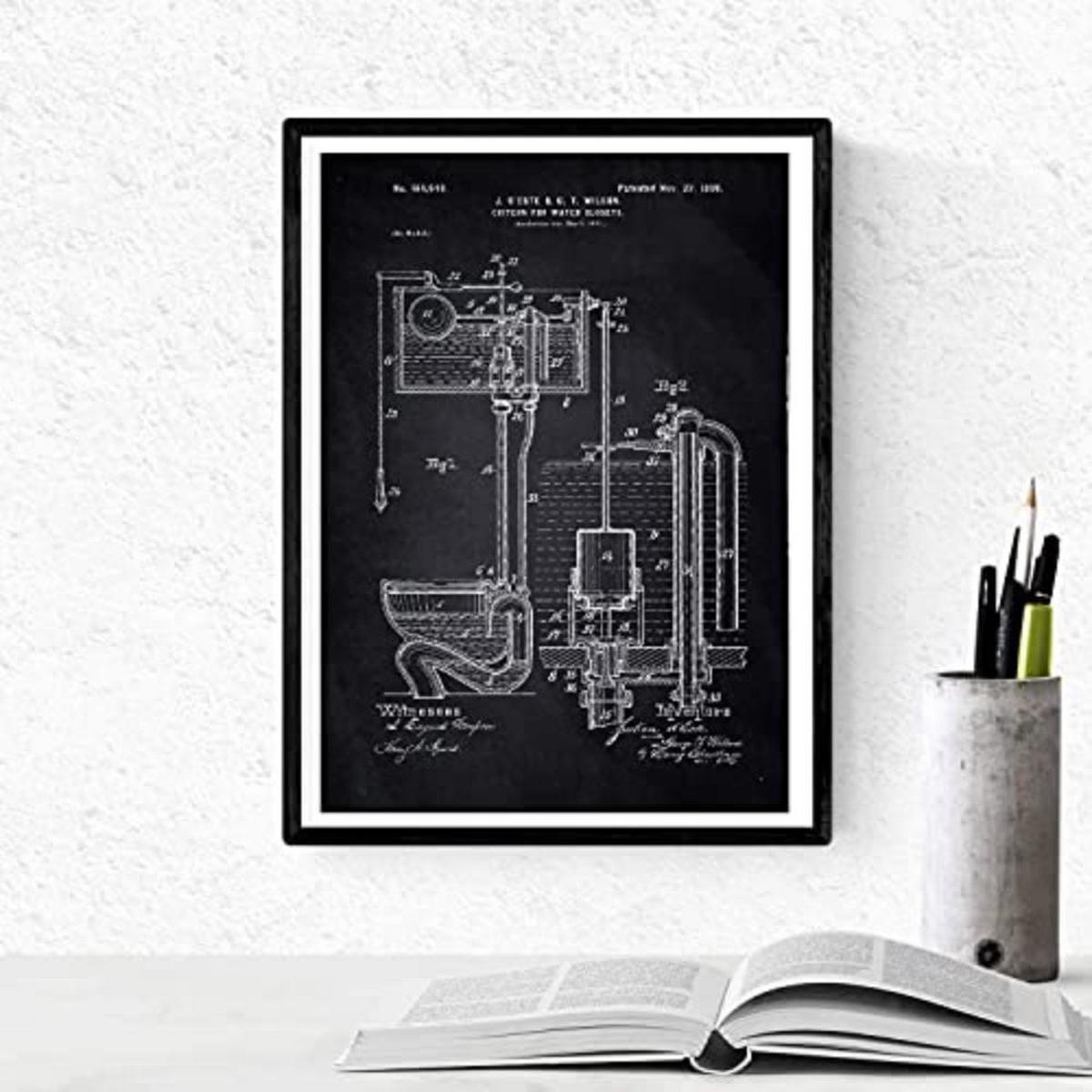 POSTER Set mit 4 Schwarz Badezimmer Patent A3 Schwarzer Rahmen - Schwarz, Papier (29.7/3cm) - Nacnic