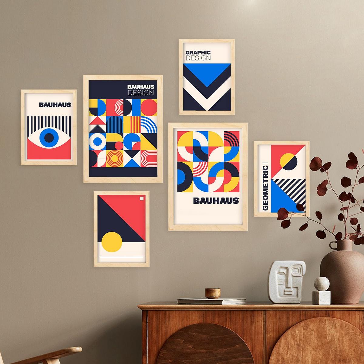 POSTER Set Mit 6 Drucken Im Bauhaus 4 Geometrische Designkollektion Drucke Mit Ästhetische Dekorative Für Zuhause A3 & A4 Rahmen Aus Hellem Holz - Beige, Papier (29/3cm) - Nacnic