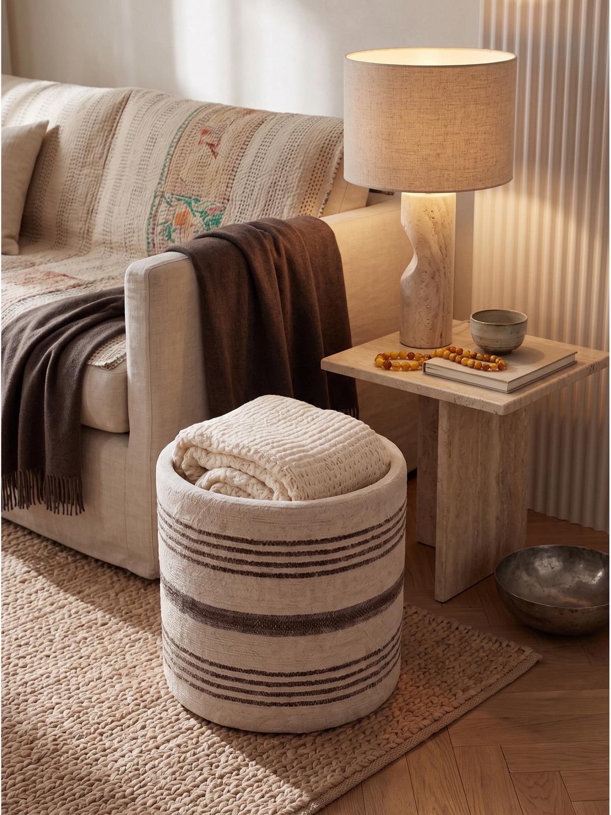 SITZHOCKER RHONE, Stoff, mit Textilbezug, Beige-Braun, Ø 40 x 45 cm - Beige, Textil (40/45/40cm) - KADIMA DESIGN