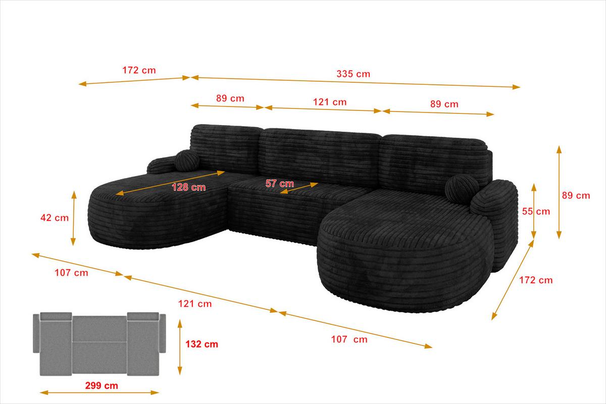 WOHNLANDSCHAFT mit Schlaffunktion und Bettkasten LIRA-U - 335x172x89 Schwarz - Schwarz, Holzwerkstoff/Textil (335/89/172cm) - ALTDECOR