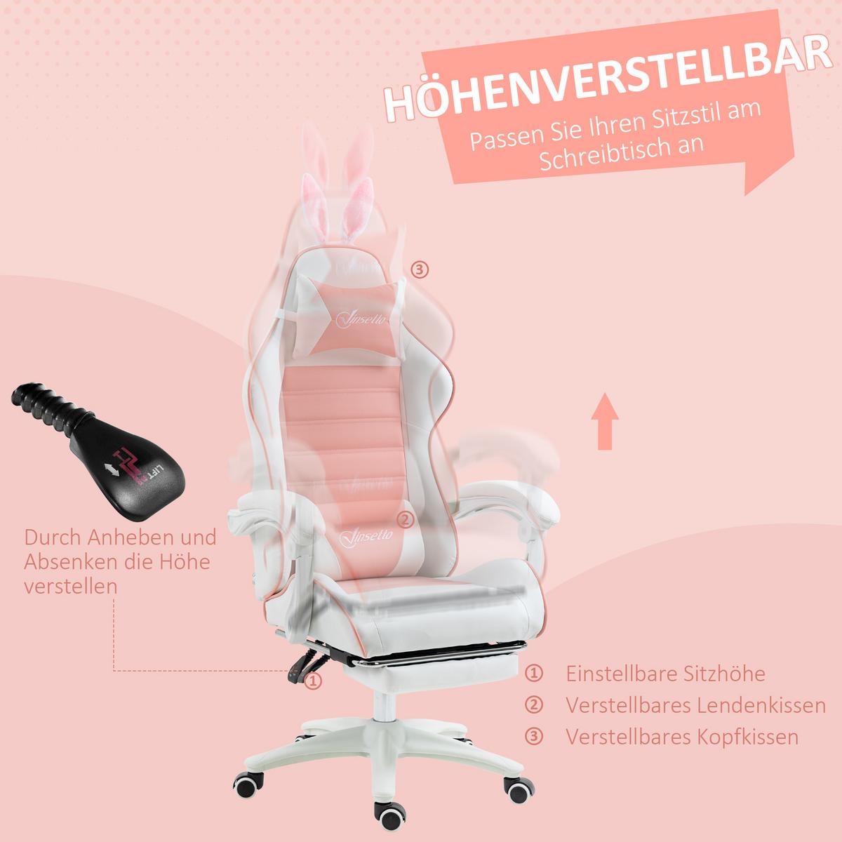 GAMING-STUHL Ergonomischer Gamer Stuhl mit Lendenwirbelstütze, Rosa - Rosa, Kunststoff (63/142/65cm) - Vinsetto