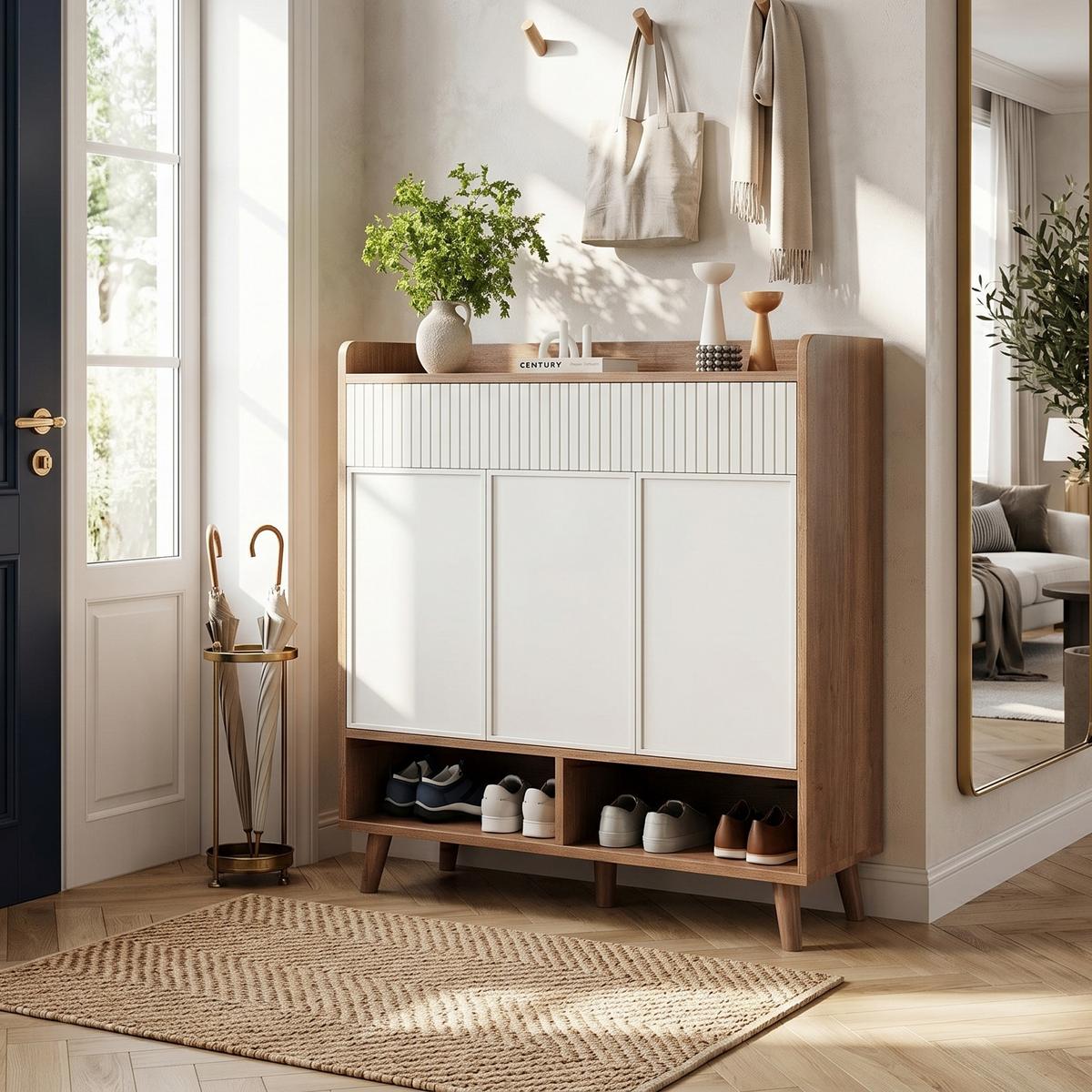SCHUHSCHRANK weiß & holzoptik, 3 türen & 2 schubladen mit rillendesign - Naturfarben, Holzwerkstoff (90/100/35cm) - Urban Meuble