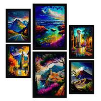 POSTER Set Mit 6 Berge Im Ölgemälde Stil A3 & A4 Schwarzer Rahmen - Schwarz, Papier (29/3cm) - Nacnic