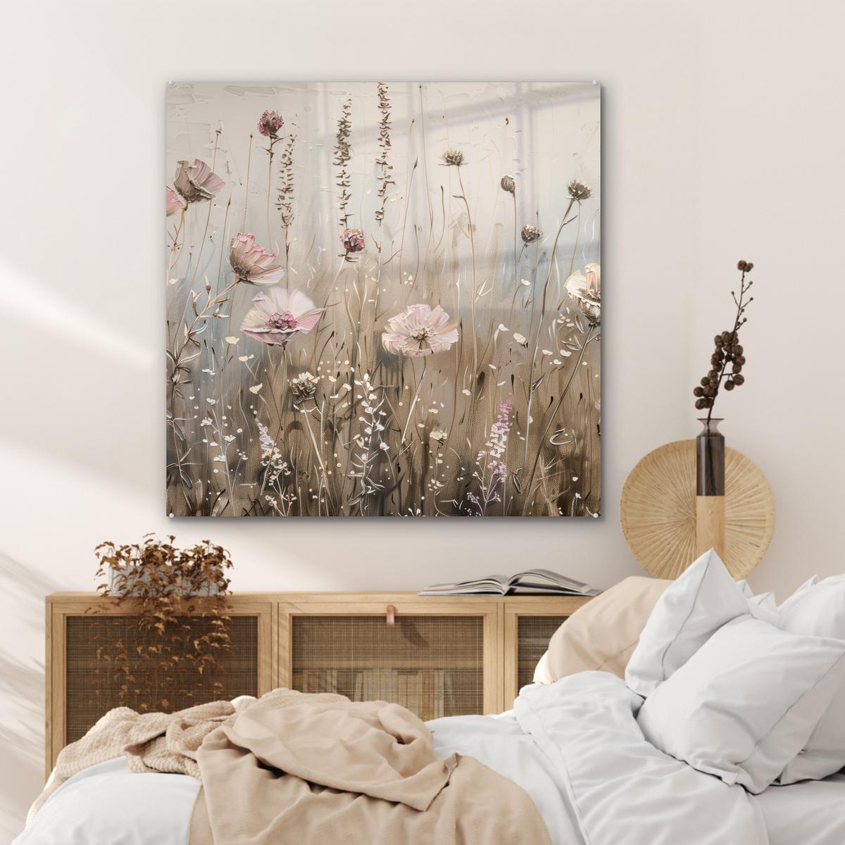 ACRYLGLASBILD Blumen - Rosa - Modern - Beige 90x90 cm - Beige, Glas (90/90cm) - MuchoWow