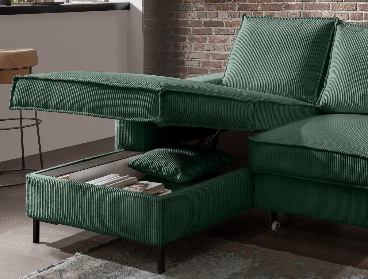 ECKSOFA mit Schlaffunktion, Bettkasten, Wellenunterfederung, Récamiere links B240/T150/H92 cm, Liegefl. 125x198 cm, Cord Grün / 17224 - Schwarz/Grün, Textil/Metall (240/150cm) - luma-home