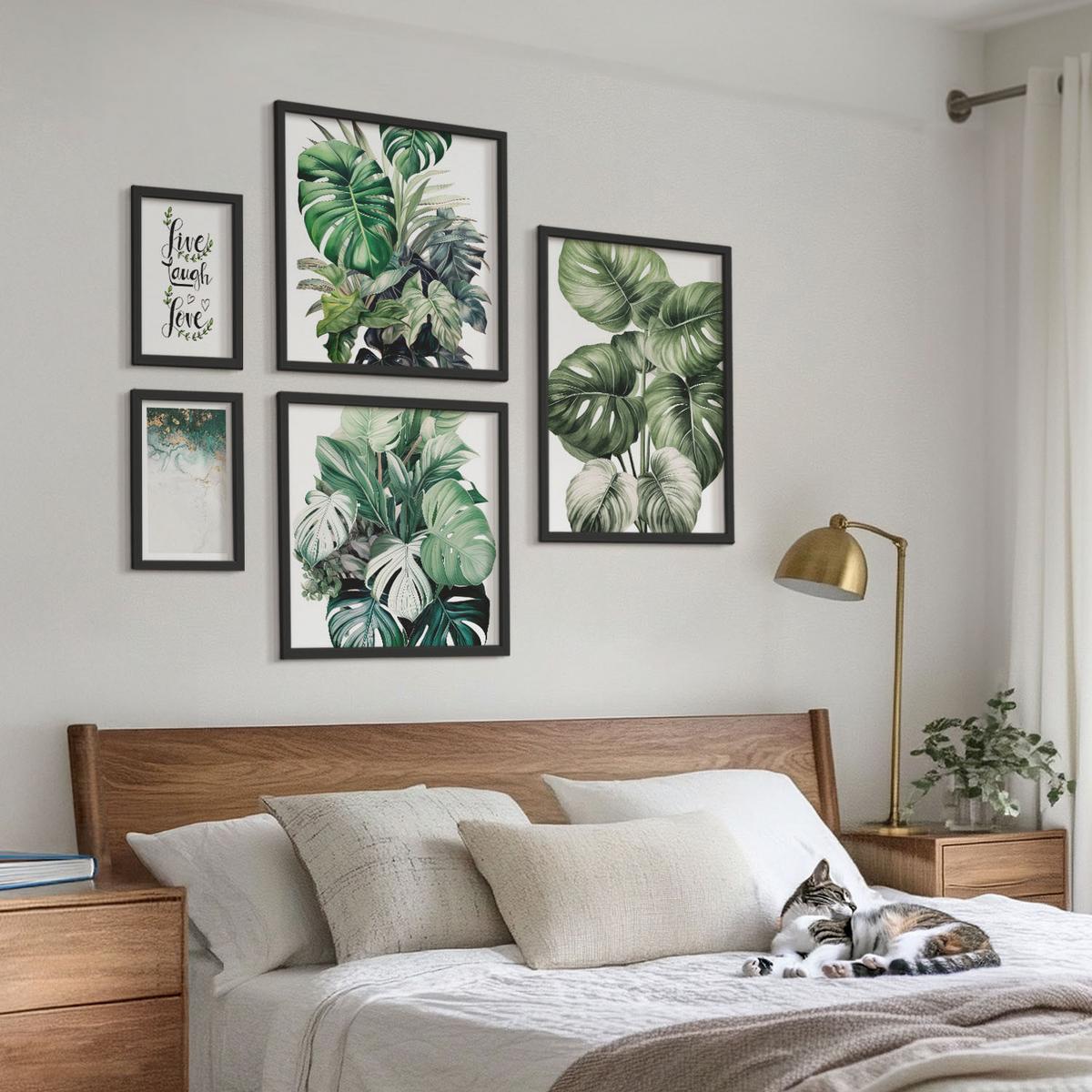 BILDER SET 5er Set - 50x50 cm & 20x30 cm & 40x60 cm Schwarzer Rahmen - Blattpflanzen leben, lachen, lieben - Schwarz, Kunststoff (40/60cm) - TULUP