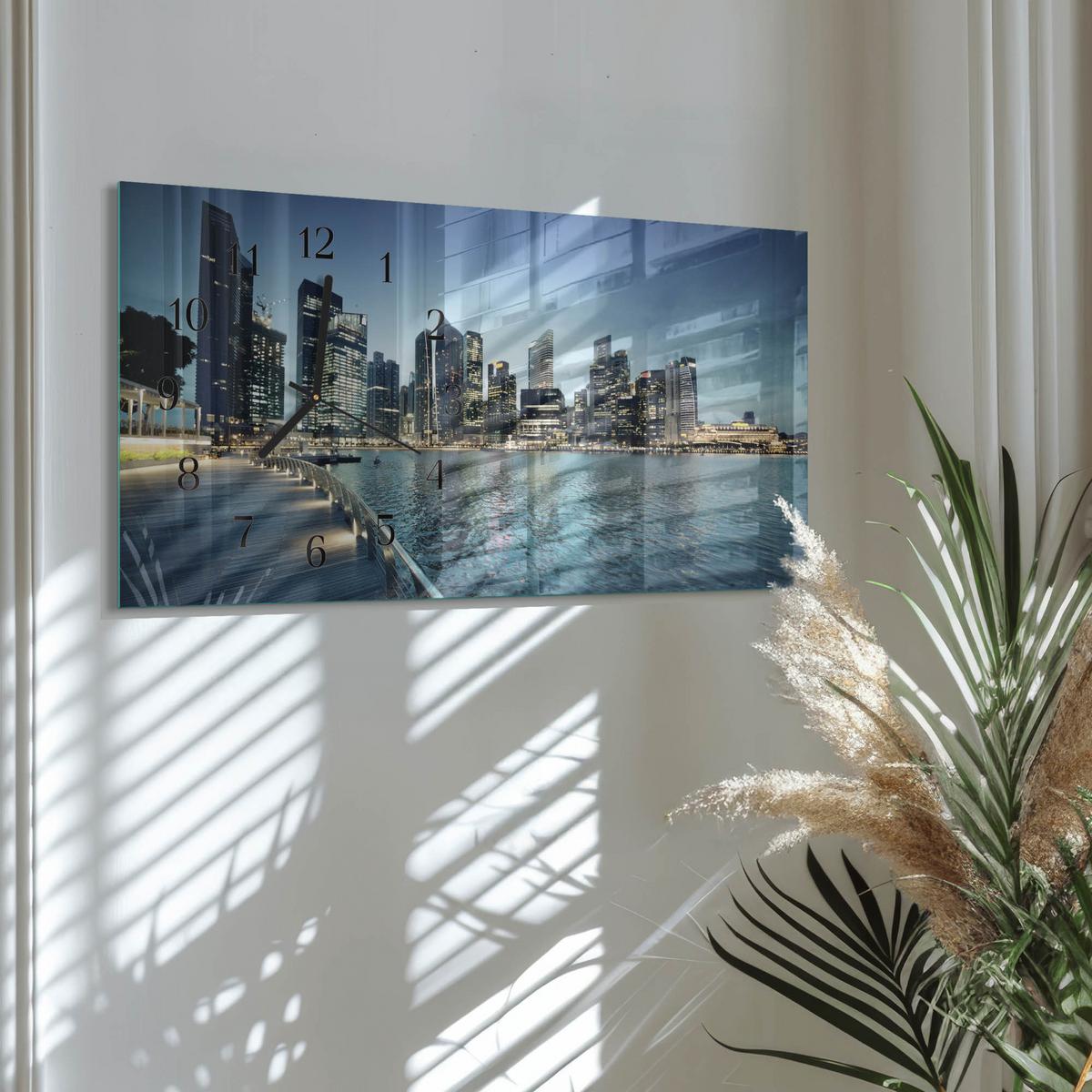 WANDUHR aus Glas 60x30 cm - Stadt bei Nacht - Blau, Glas (60/30/0.4cm) - TULUP