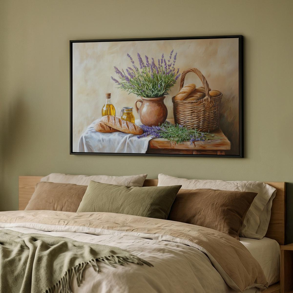 LEINWAND Bilder mit Rahmen - Lavendel - Brot - Stilleben - 90x60 - Flieder, Textil (90/60cm) - MuchoWow