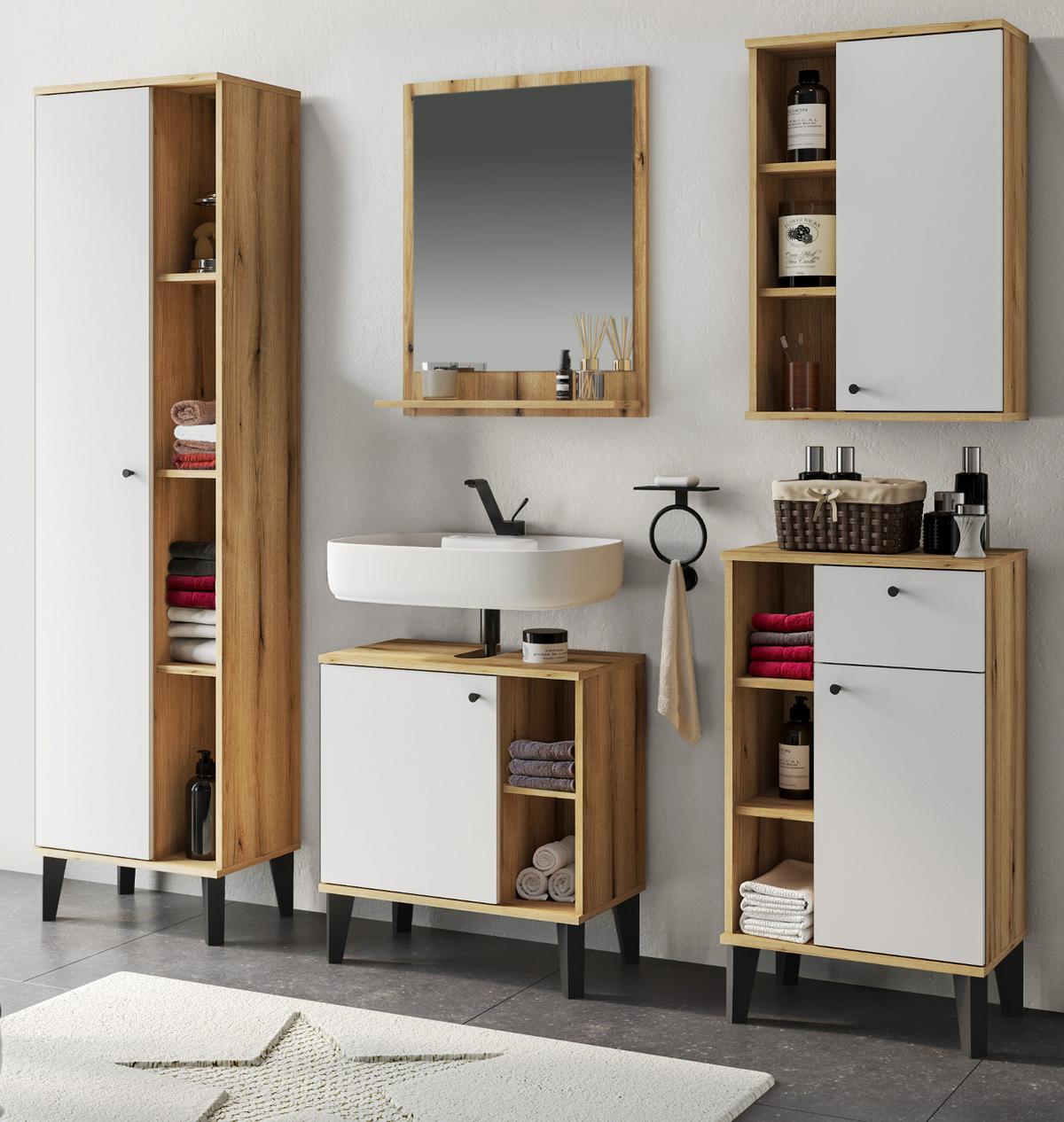 BADMÖBEL-SET 5-teilig weiß, Evoke Eiche, Badkombination, 182 x 190 cm - Eichefarben/Schwarz, Glas/Holzwerkstoff (182/190/33cm) - Furn.Design