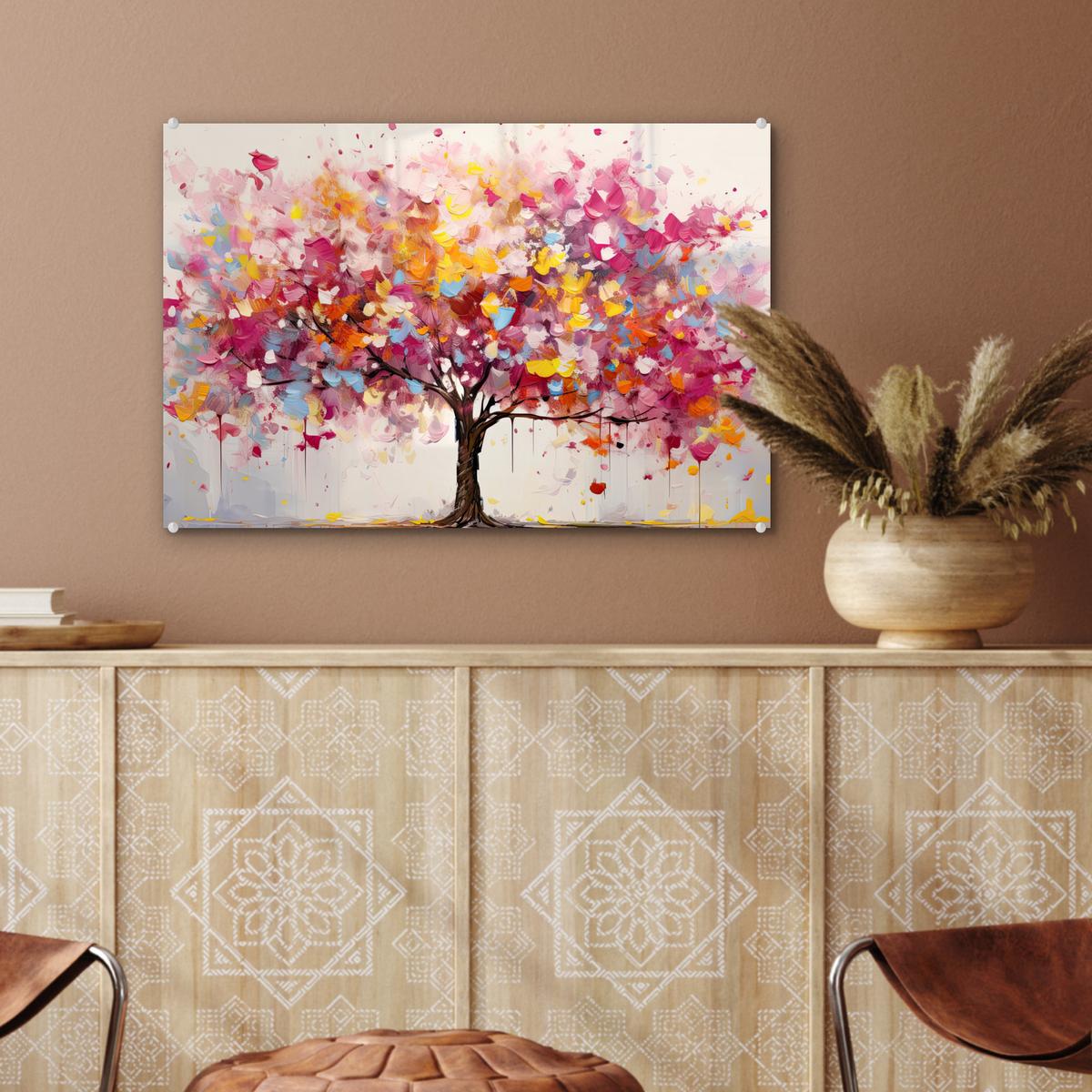 ACRYLGLASBILD Aquarell - Baum - Kunst - Abstrakt Wanddeko 60x40 cm - Multicolor, Glas (60/40cm) - MuchoWow