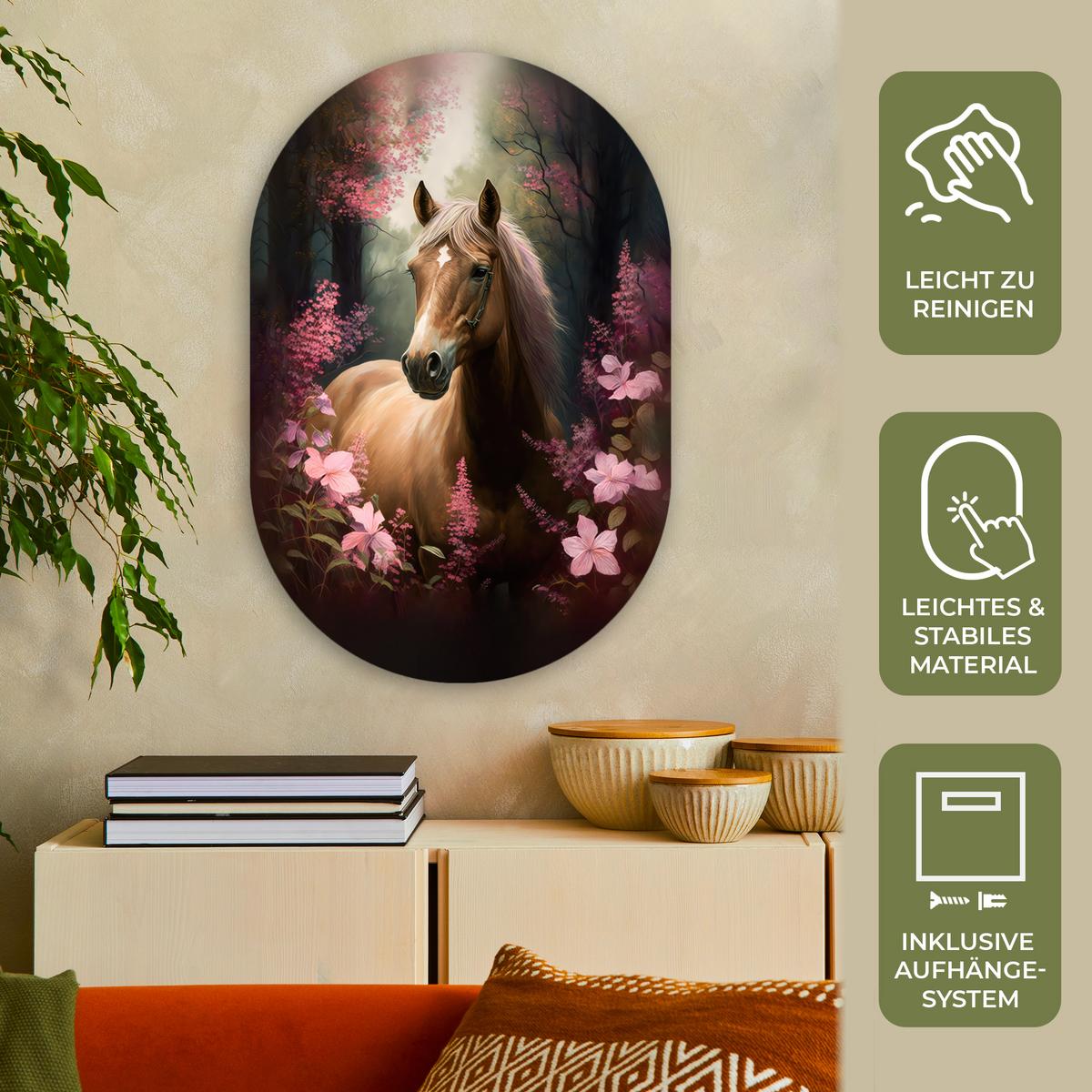 WANDBILD Pferd - Blumen - Rosa - Natur - Wald Wanddeko Schlafzimmer 60x90 cm - Altrosa, Kunststoff (60/90cm) - MuchoWow