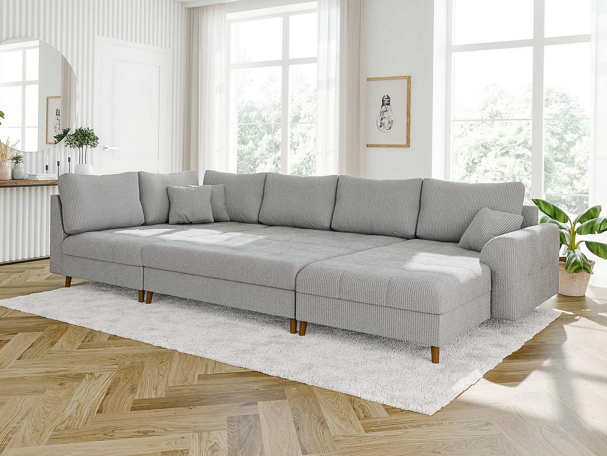 WOHNLANDSCHAFT inkl. Hocker Alma Hellgrau Cord - Hellgrau/Braun, Holz/Textil (310/81/161cm) - S-Style Möbel