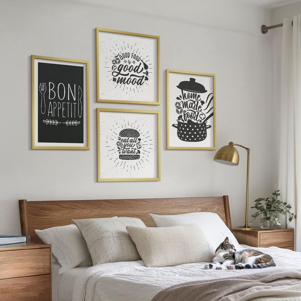 BILDER SET 4er Set - 50x50 cm & 40x60 cm Goldrahmen - Grafiken, Lebensmittel, kulinarische Slogans - Goldfarben, Kunststoff (50/50cm) - TULUP
