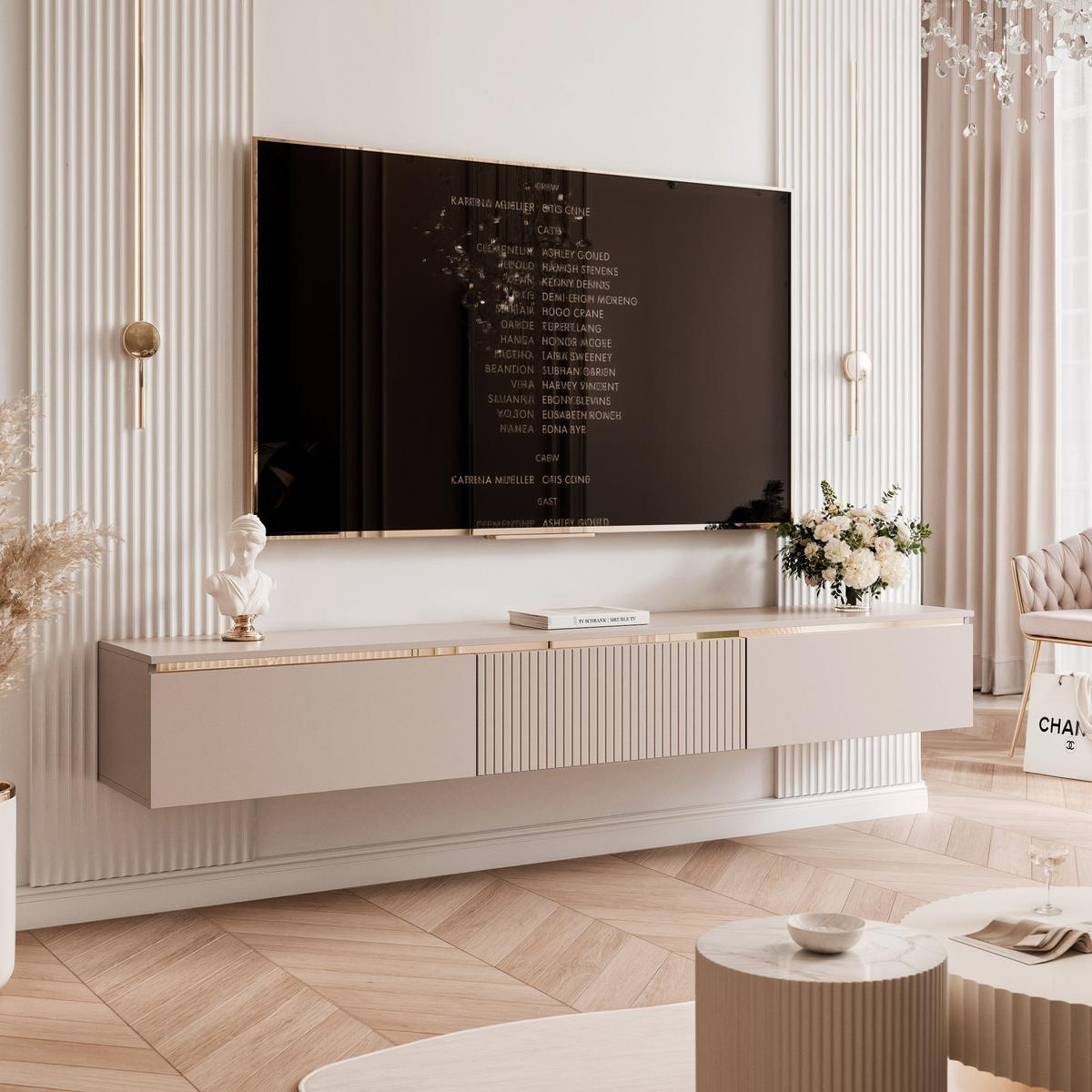 HÄNGENDER, geriffelter TV-Schrank SELIA 200 cm, Kaschmir mit goldener Zierleiste und LED-Beleuchtung - Kaschmir, Holzwerkstoff (200/28.5/35cm) - Idohome