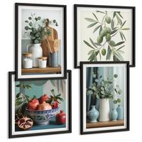 BILDER SET 4er Set - 50x50 cm & 40x60 cm Schwarzer Rahmen - Grüne Oliven, Eukalyptus - Schwarz, Kunststoff (50/50cm) - TULUP