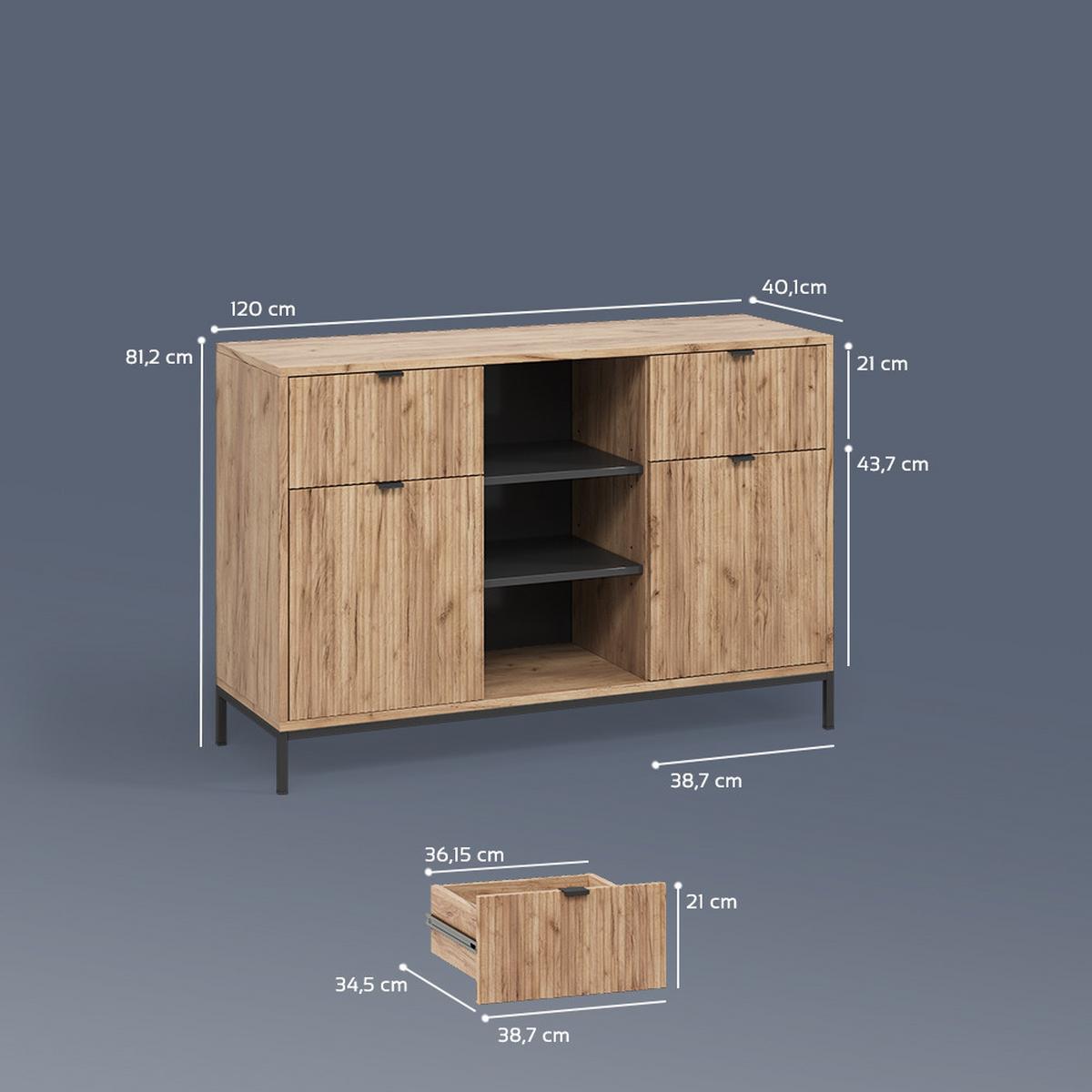 KOMMODE Aterno Viking Oak 120 x 81.2 cm mit 2 Schubladen und 2 Türen - Eichefarben, Holzwerkstoff (120/81.2/40cm) - Livinity®