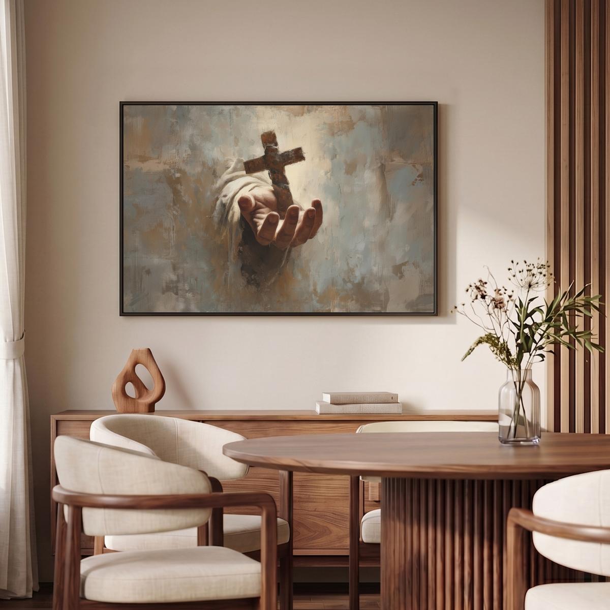 LEINWAND Bilder mit Rahmen - Abstrakt - Kreuz - Hand - Christentum - 90x60 - Hellbraun, Textil (90/60cm) - MuchoWow