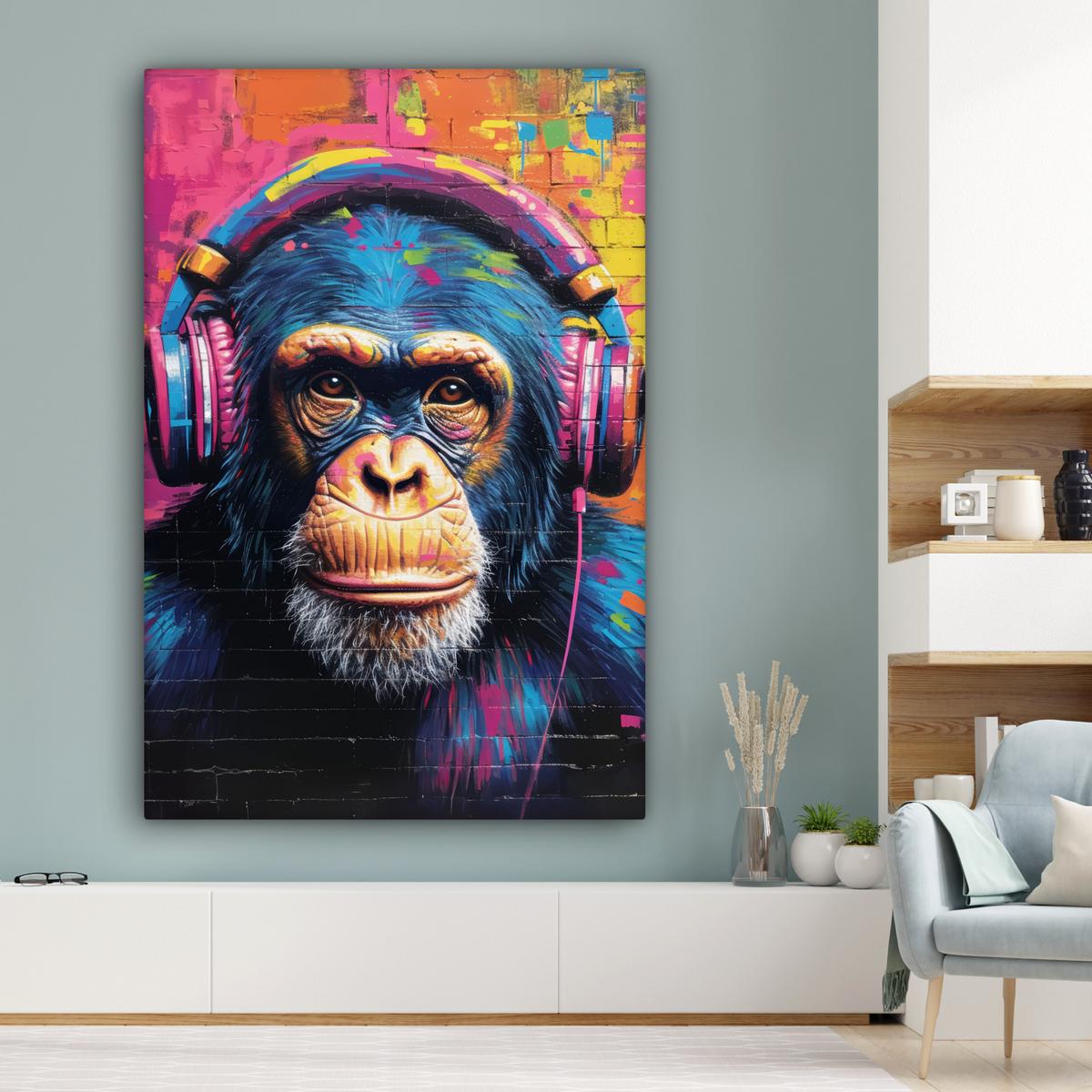 LEINWANDBILD Graffiti - Schimpanse - Straßenkunst - Kopfhörer - Affe Deko Groß 90x140 cm - Blau, Textil (90/140cm) - MuchoWow