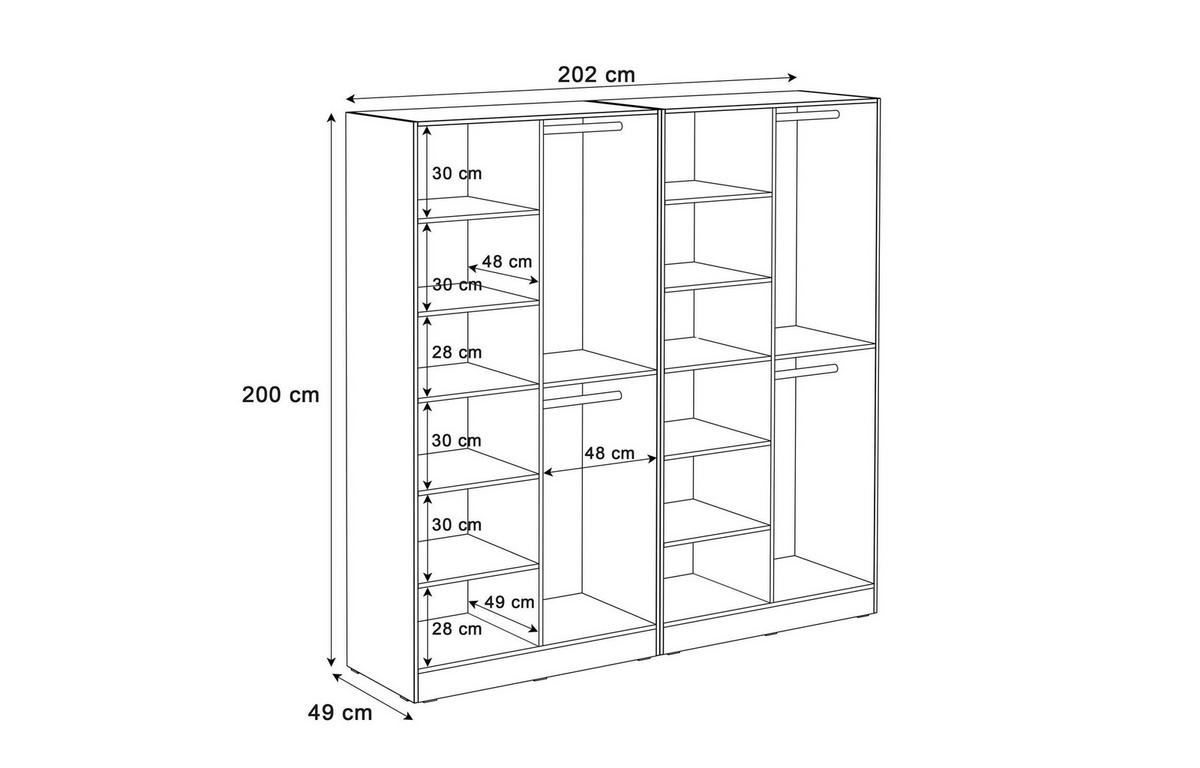 KLEIDERSCHRANK SANDBOX MODERN 200 202/49/200 cm Graphitschwarz / Graphitschwarz + Schwarzes Glas ohne LED 8 Zusatzböden - Schwarz, Holzwerkstoff/Kunststoff (202/200/49cm) - Lookway