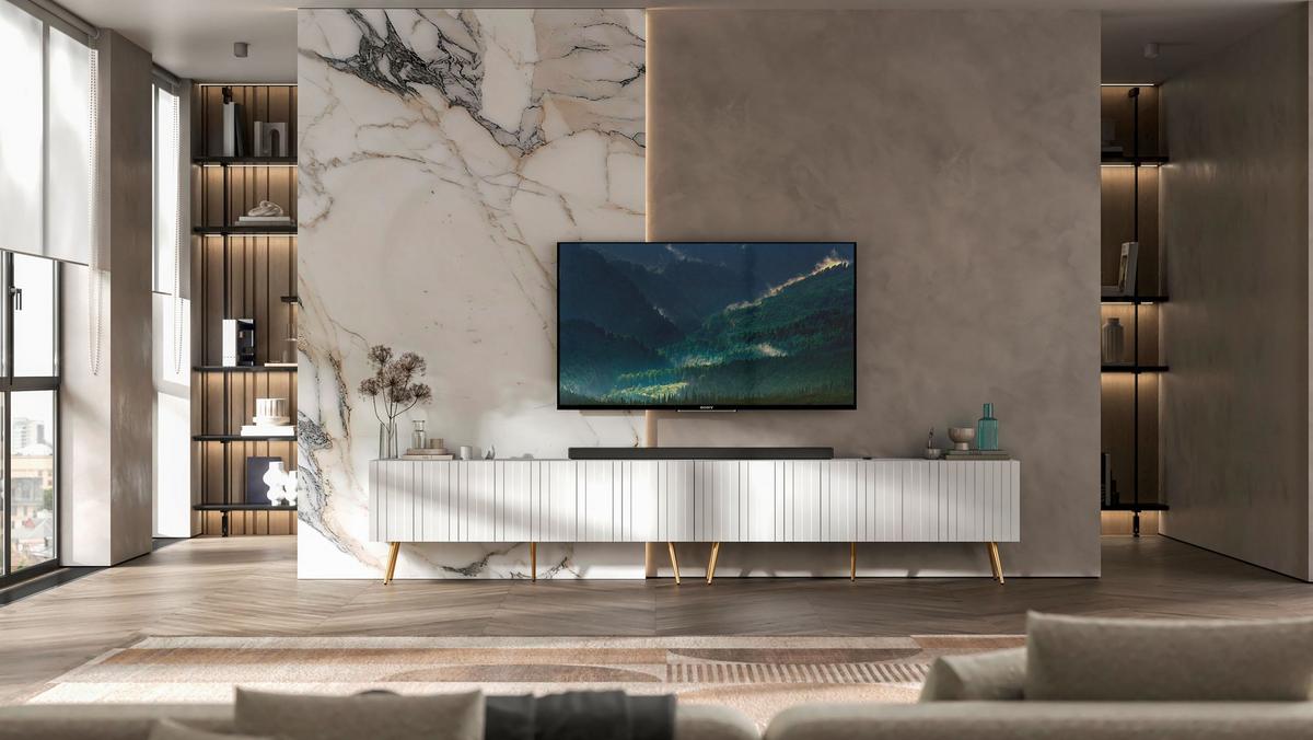 TV-LOWBOARD 2-er Set Elpis Weiß matt mit goldenen Metallbeinen 150 cm - Goldfarben/Weiß, Holzwerkstoff (300/60.5/36.5cm) - Meble Lindner