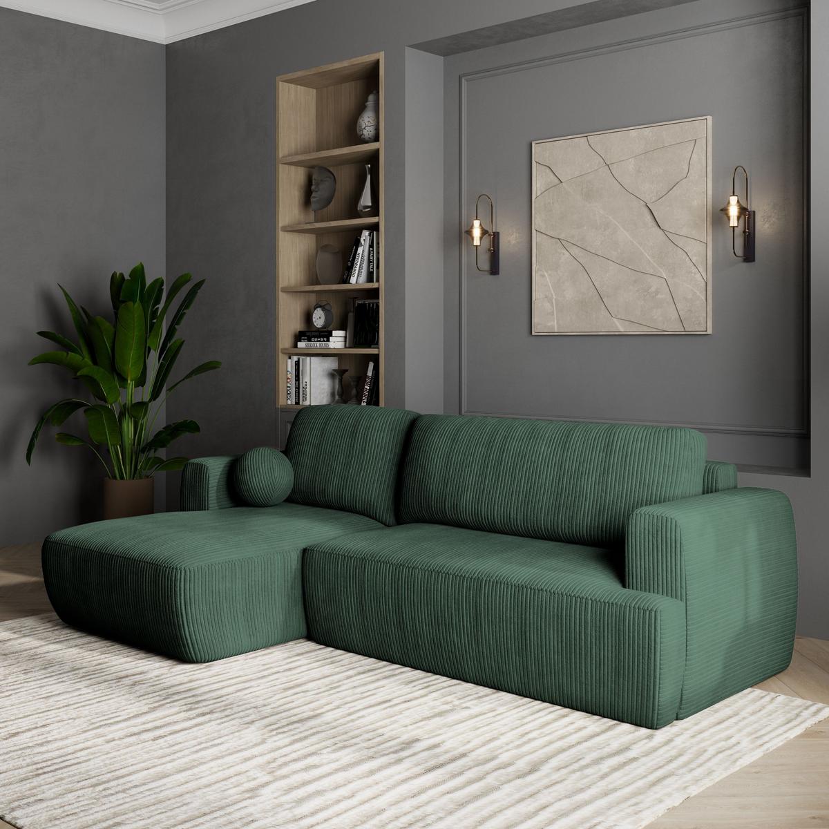 ECKSOFA SENTI P L-S Grün Kordstoff mit Schlaffunktion - Schwarz/Grün, Holz/Kunststoff (246/148cm) - MASSENO