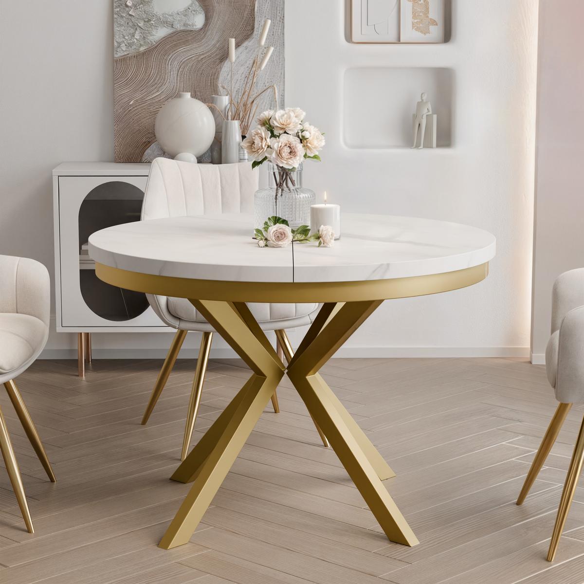 AUSZIEHTISCH MILTON 90-166/76 cm mit Metallgestell und Zarge, Gold / Bianco Marmor - Perlmutt/Goldfarben, Holzwerkstoff/Metall (90/90/76cm) - Idohome