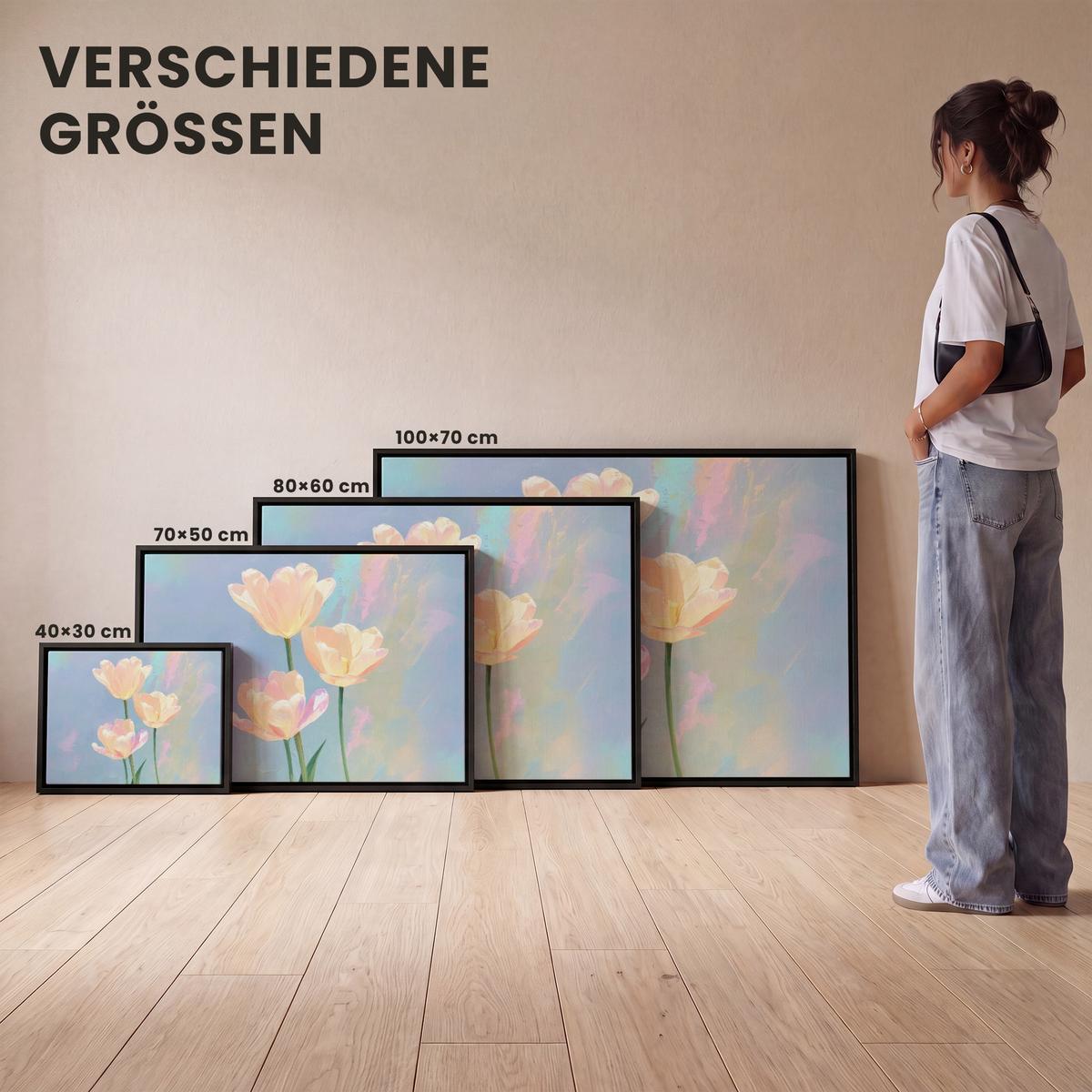 LEINWAND Bilder mit Rahmen - Tulpen - Rosa Akzente - Blau - 70x50 - Pastellblau, Textil (70/50cm) - MuchoWow