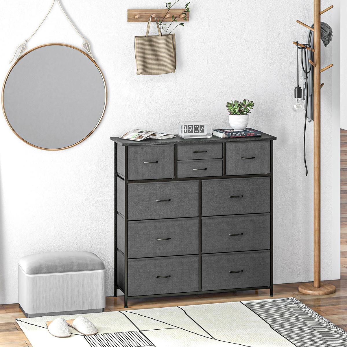 KOMMODE, Aufbewahrungsschrank mit 10 Faltbaren Stoffschubladen, Stahl, Schwarz - Schwarz, Textil (30/100/100cm) - HOMCOM