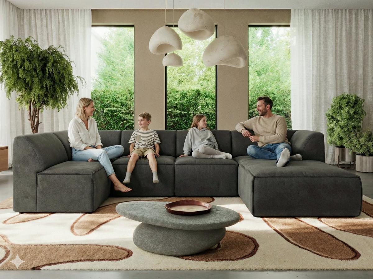 WOHNLANDSCHAFT MODARO U 5M - Hellbraun Cord - Rechts - Hellbraun/Schwarz, Textil (345/78/180cm) - MKS