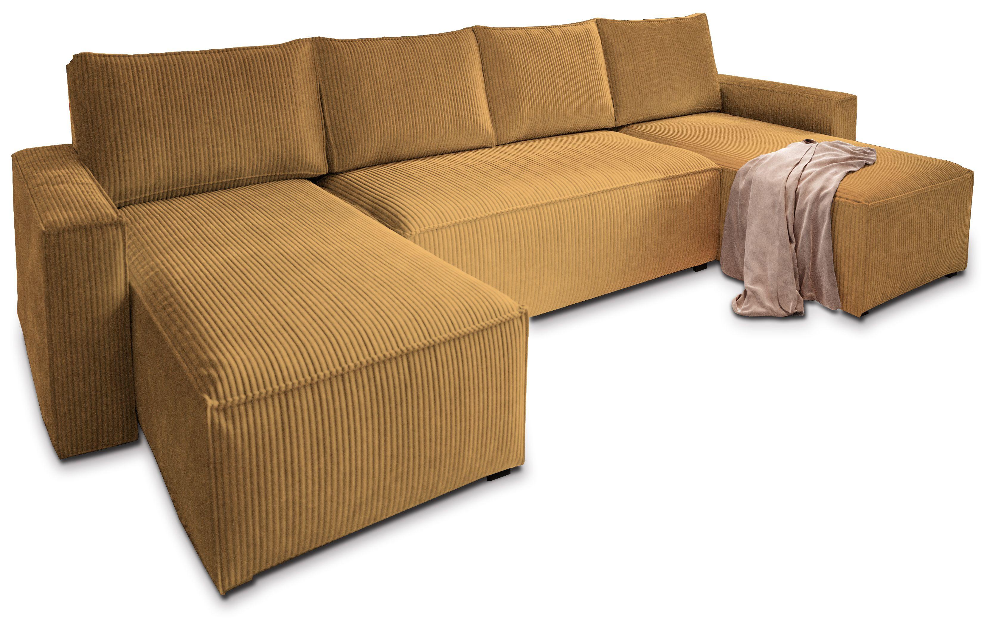 WOHNLANDSCHAFT ASPRA Gelb Kordstoff mit Schlaffunktion - Gelb/Grau, Holz/Kunststoff (295/85/140cm) - MASSENO