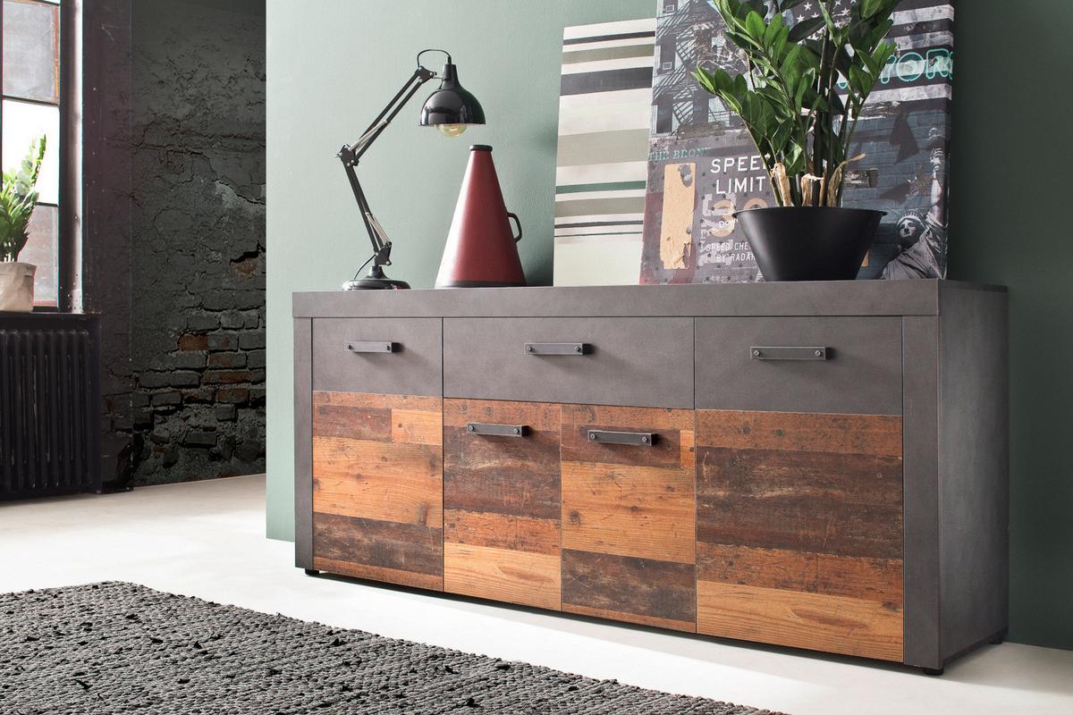 SIDEBOARD Used Wood Altholz Design mit Grau 178 cm, Kommode 4-türig - Silberfarben/Schwarz, Holzwerkstoff/Kunststoff (40/77/178cm) - Top.Furn