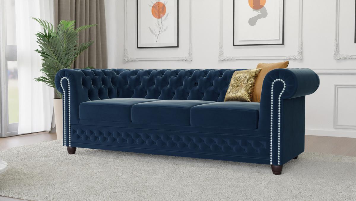 CHESTERFIELD-SOFA 3-Sitzer mit Schlaffunktion Nyx Marineblau Samt - Dunkelblau/Braun, Holz/Textil (203/28/86cm) - S-Style Möbel