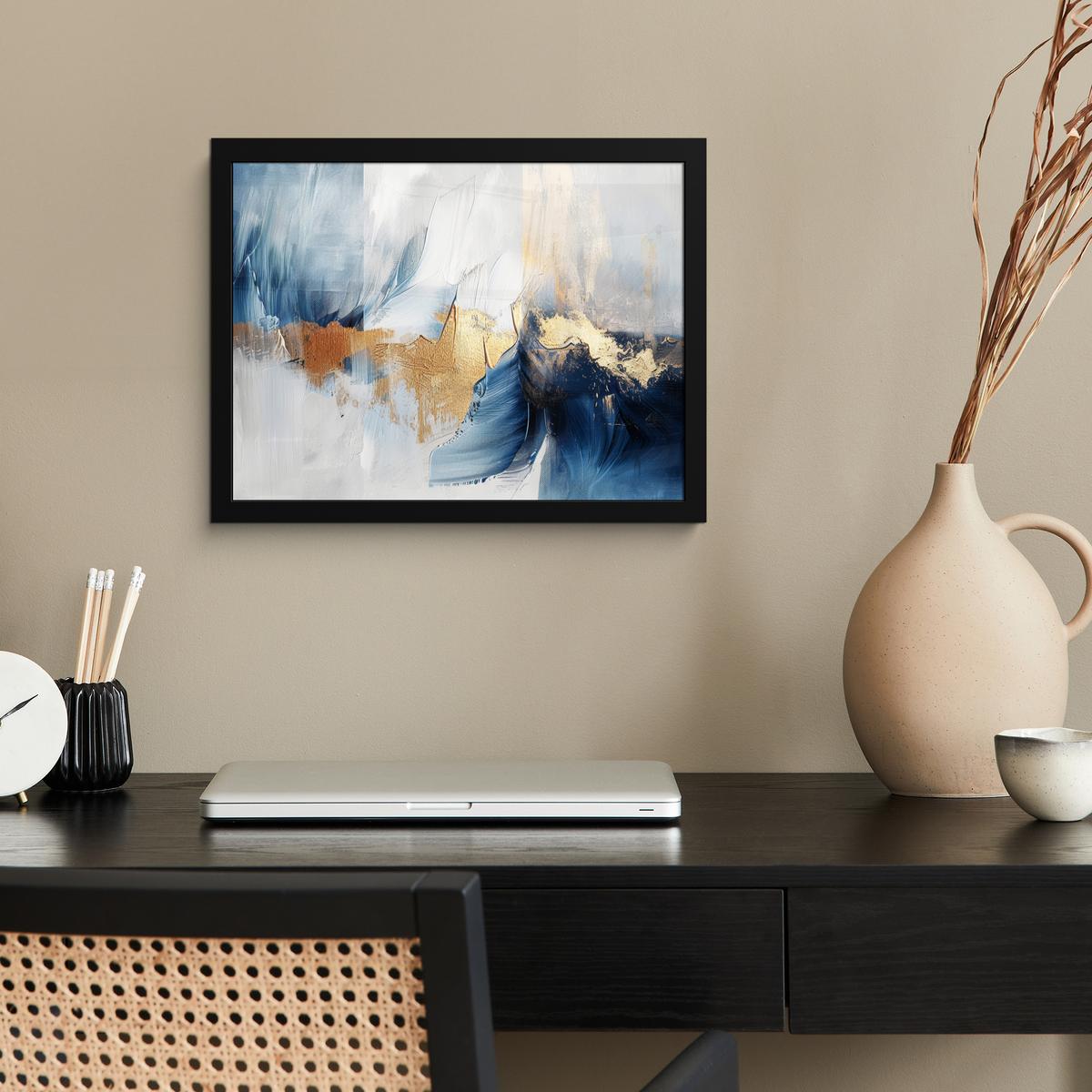 POSTER MIT RAHMENGERAHMTES BILD Gold - Blau - Aquarell - Kunst - Modern 40x30 cm - Hellblau, Papier (40/30cm) - MuchoWow