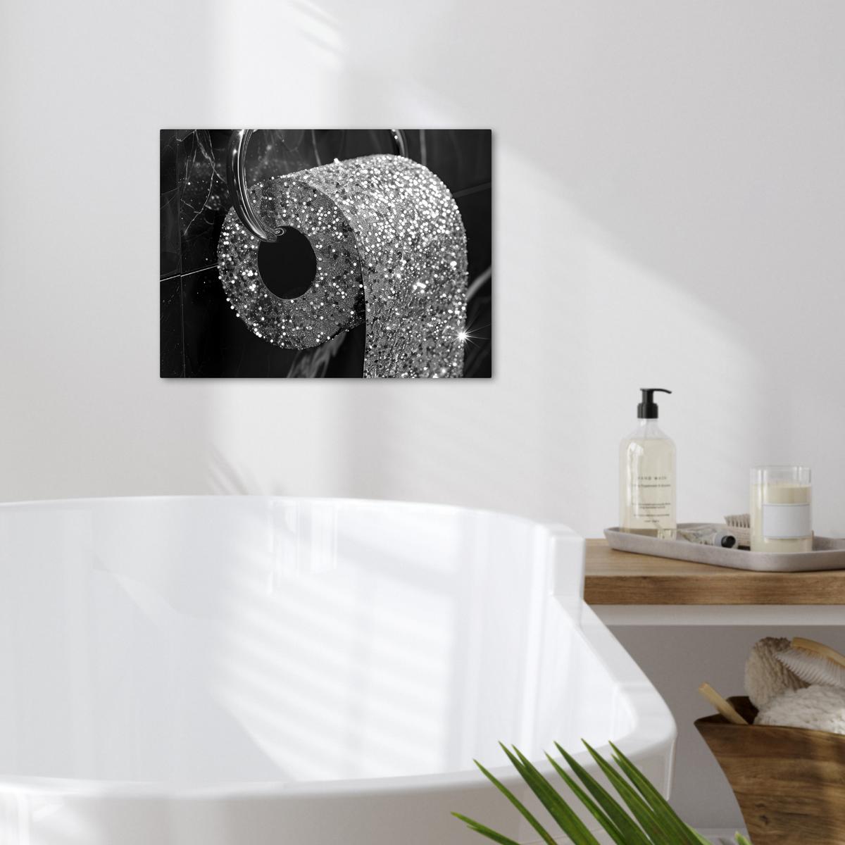 LEINWANDBILD WC - Toilettenpapier - Schwarz und weiß - Glitter Wandbild 40x30 cm - Silberfarben, Textil (40/30cm) - MuchoWow