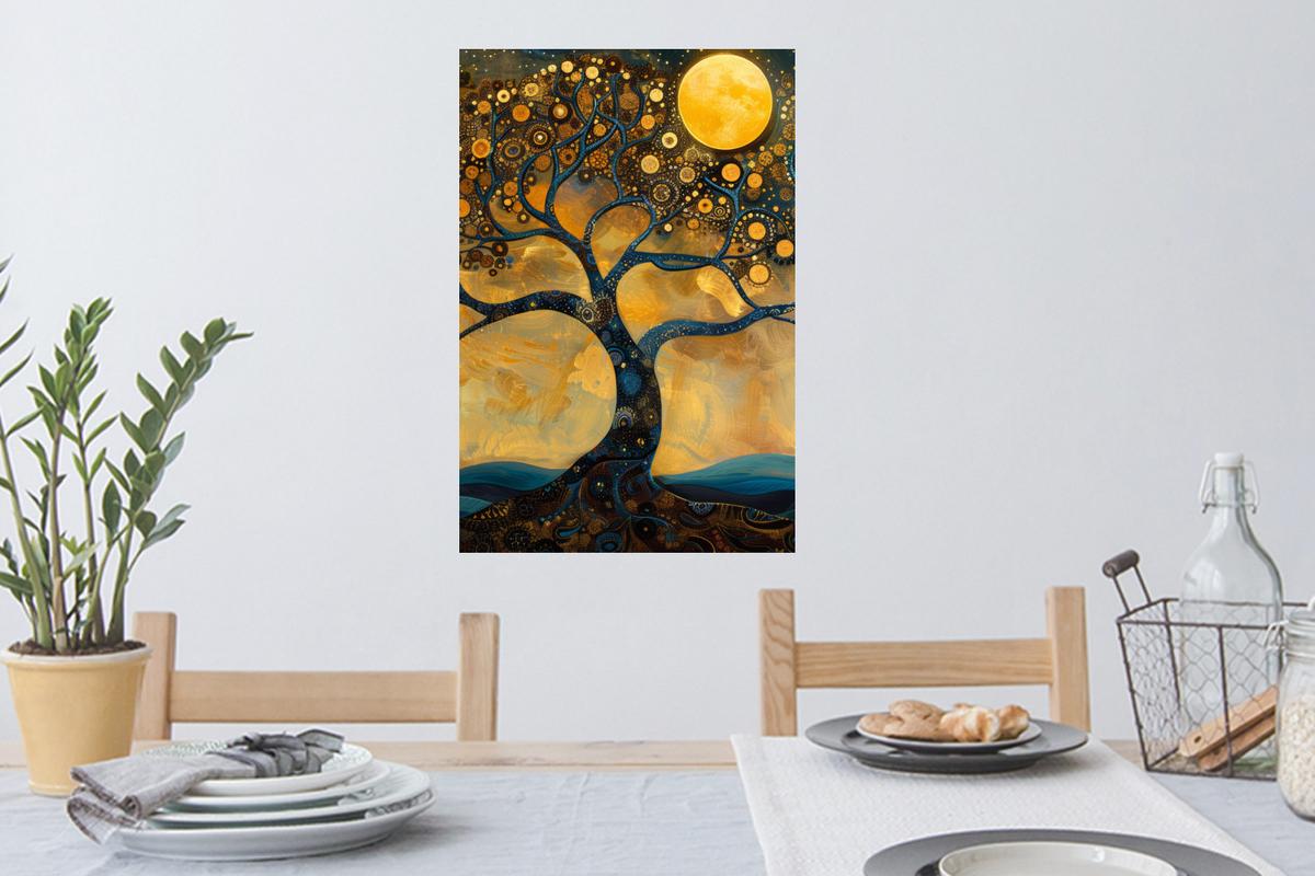 WANDTATTOO Baum - Mond - Blumen - Gold - Kunst Wandbild 40x60 cm - Orange, Kunststoff (40/60/0.1cm) - MuchoWow