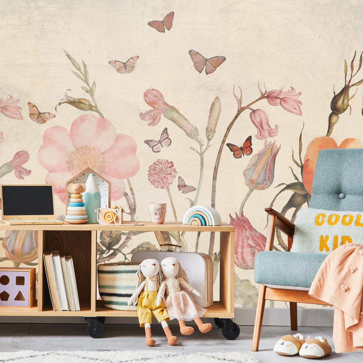 FOTOTAPETE für Kinderzimmer Wiesenblumen Aquarell Schmetterlinge Boho 450x315 - Beige/Rot, Papier (450/315cm) - Muralo
