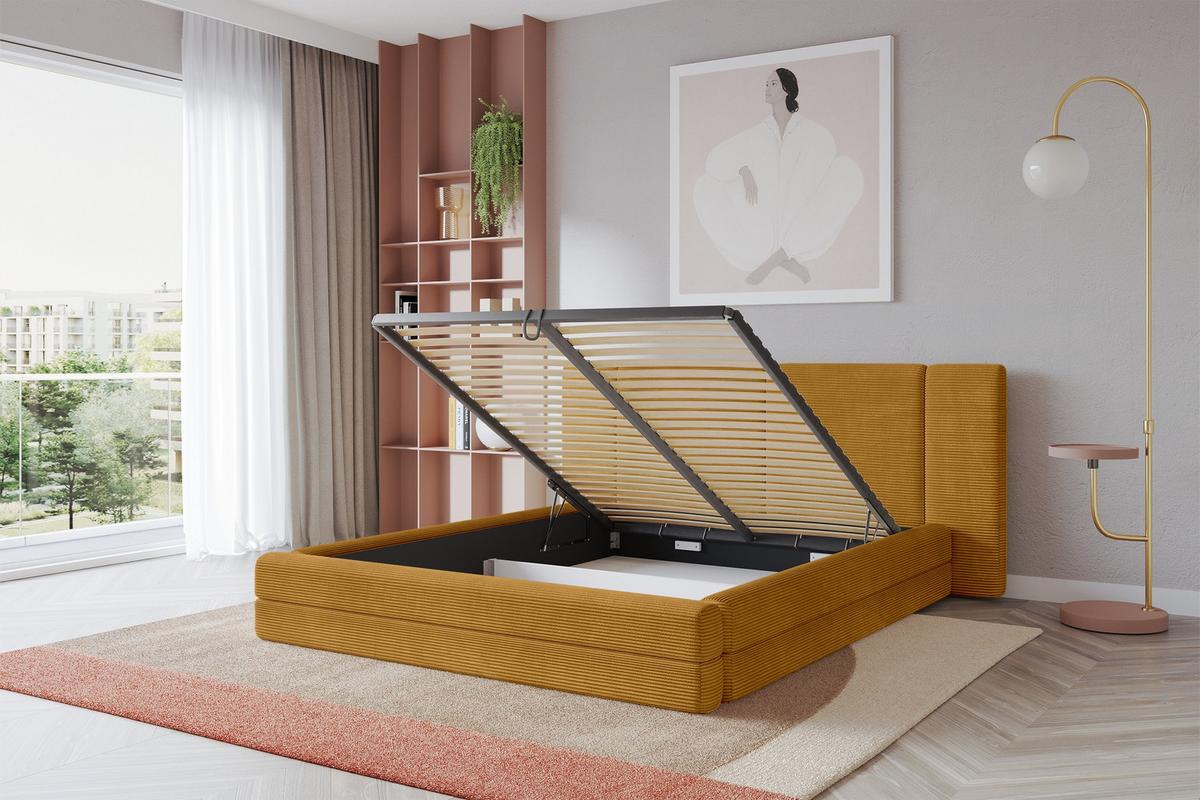 POLSTERBETT mit Bettkasten und Lattenrost, Bett mit Matratze H3/H4 - TEVO 140x200 Senfgelb - Gelb, Holzwerkstoff/Textil (140/200cm) - ALTDECOR