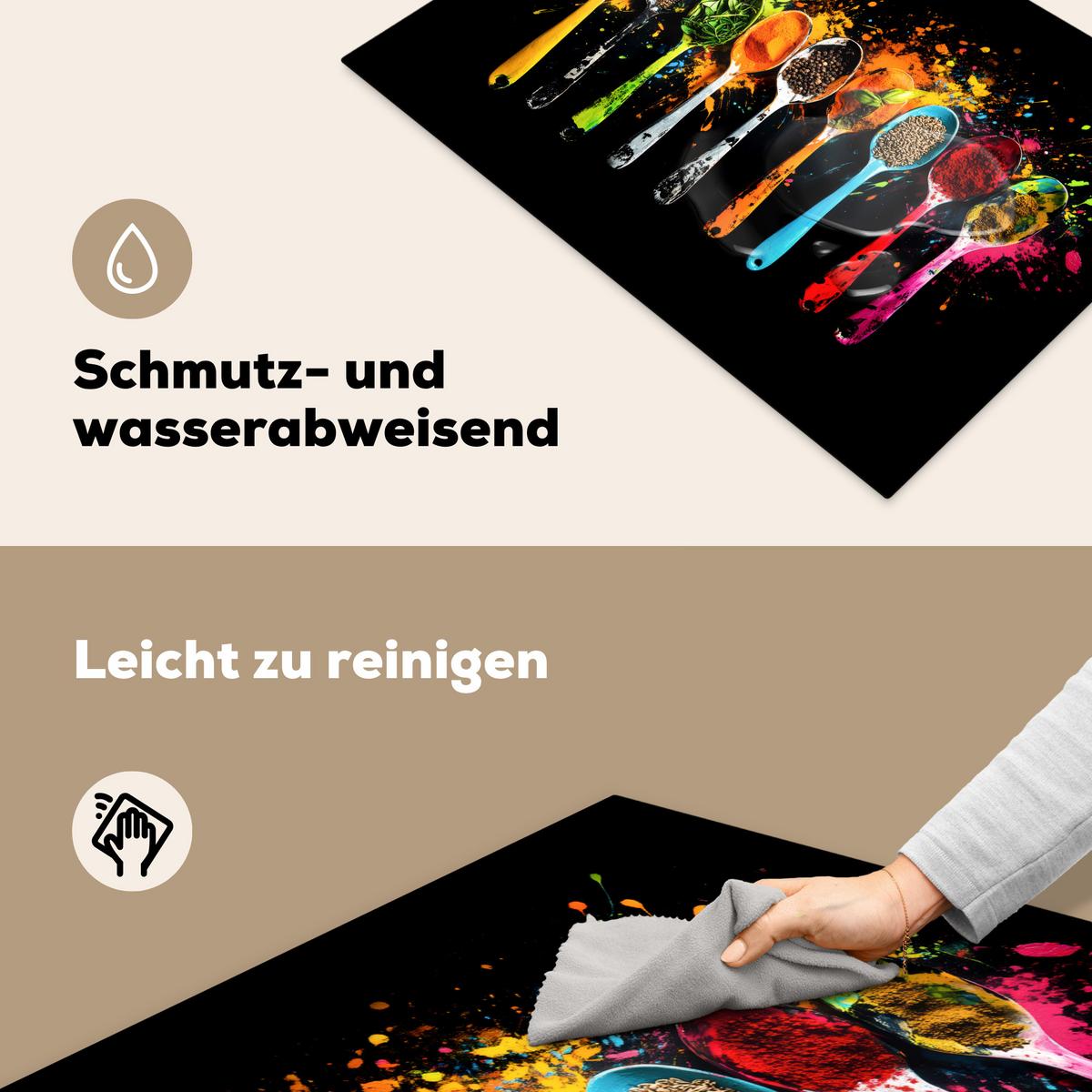 HERDABDECKPLATTE Löffel - Gewürze - Modern - Graffiti - Farbe - Farbenfroh Herdabdeckung Induktionsfeld 75x52 cm - Multicolor, Kunststoff (75/52/0.2cm) - MuchoWow