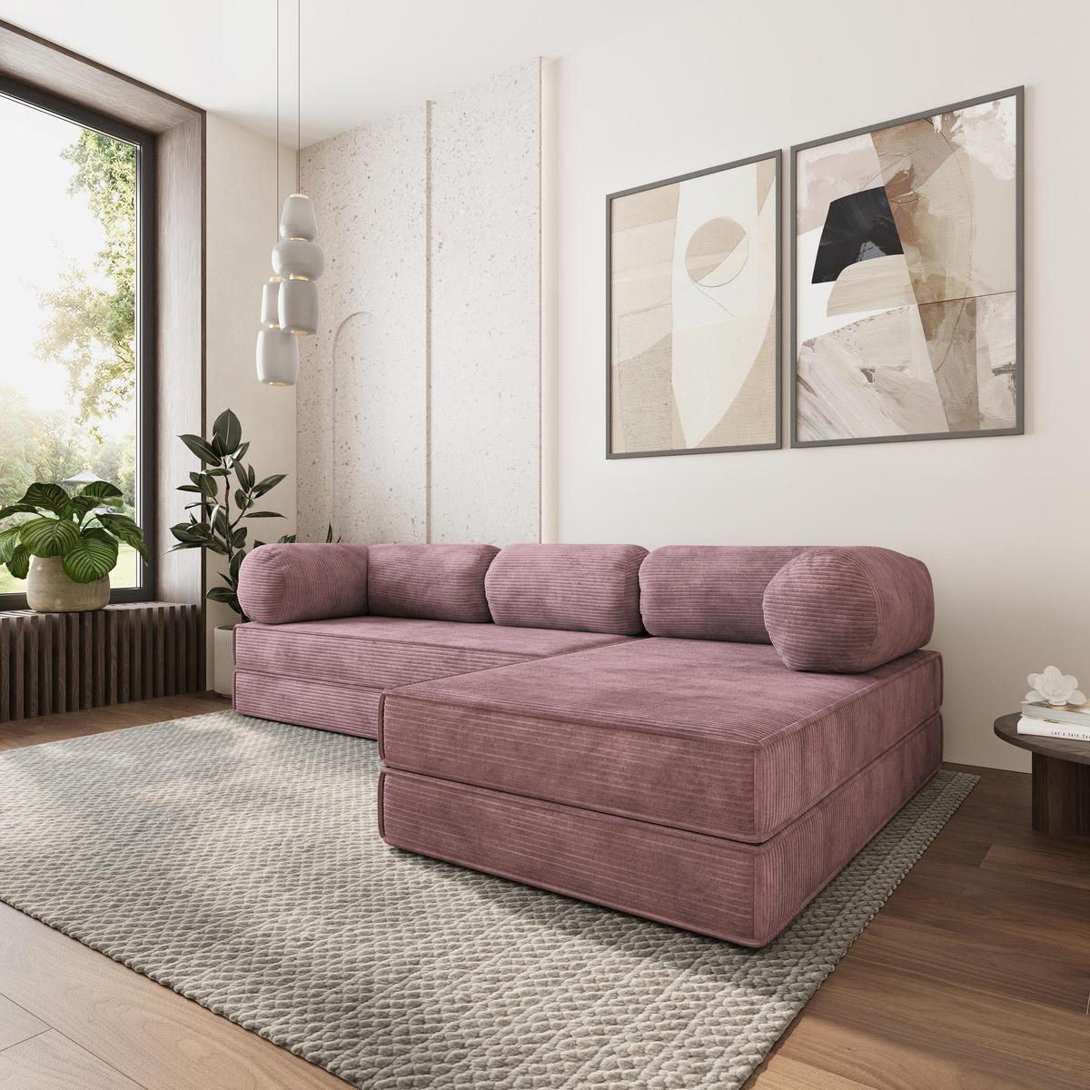 ECKSOFA ETERA modulares Boneless Sofa mit Schlaffunktion Lila Kordstoff - Lila, Textil (270/160cm) - MASSENO