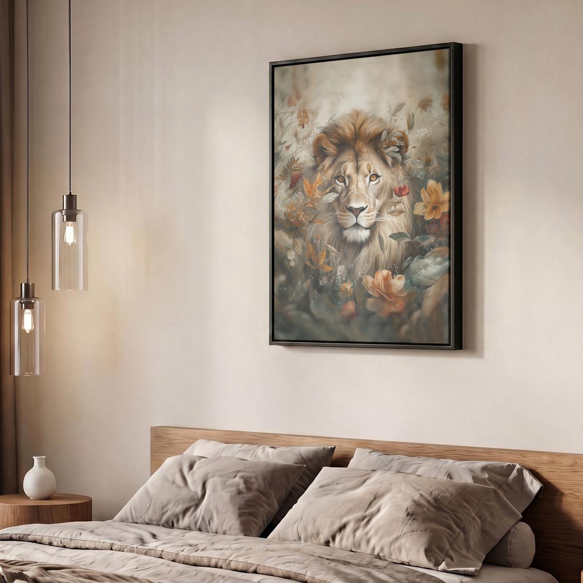 LEINWAND Bilder mit Rahmen - Löwe - Wildtiere - Pflanzen - Natur - Blumen - 60x80 - Beige, Textil (60/80cm) - MuchoWow
